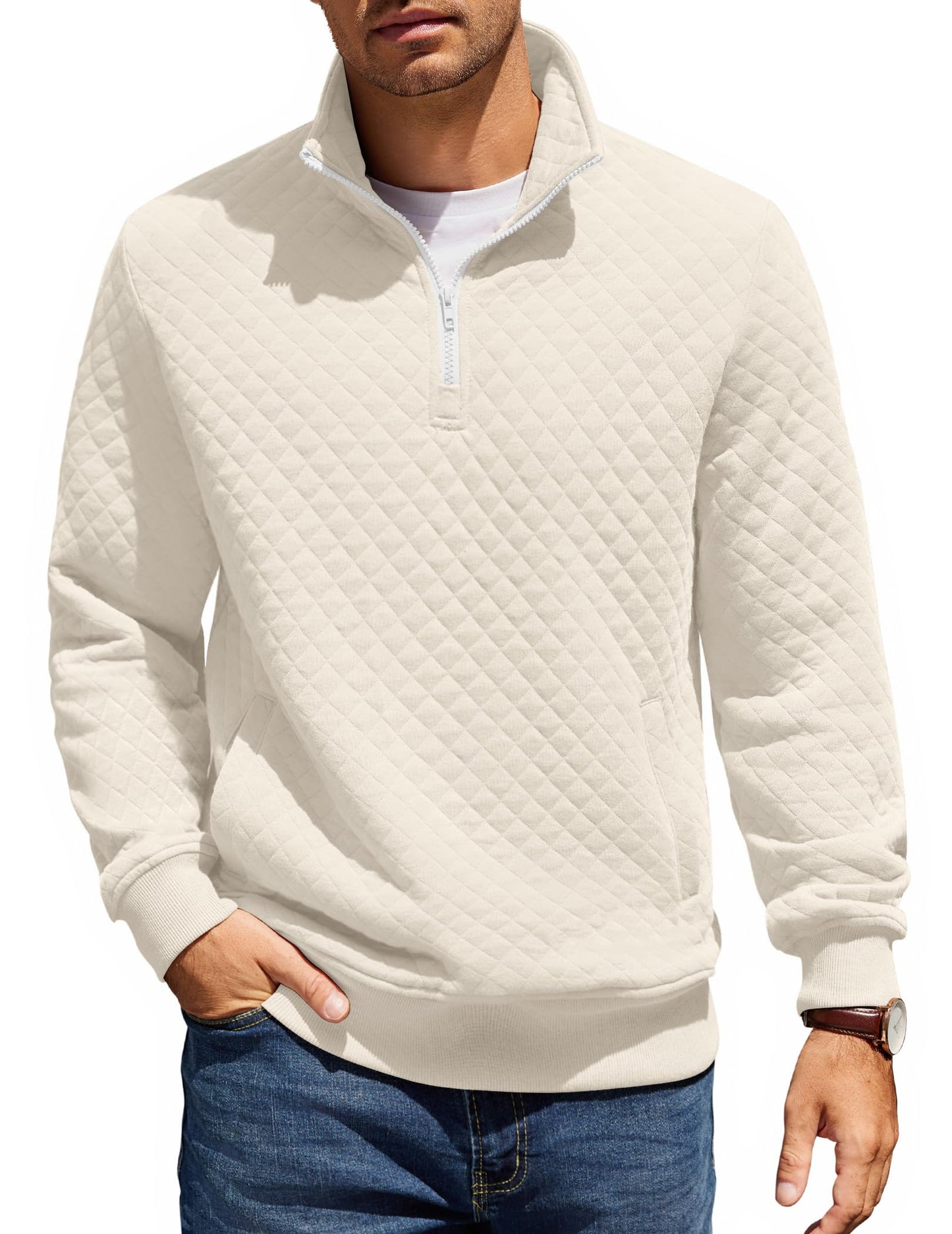 COOFANDY Mens Quarter Zip Pullover Quilted Sweatshirt Knit Long Sleeve Mock Neck Sweater Polo with Pocket