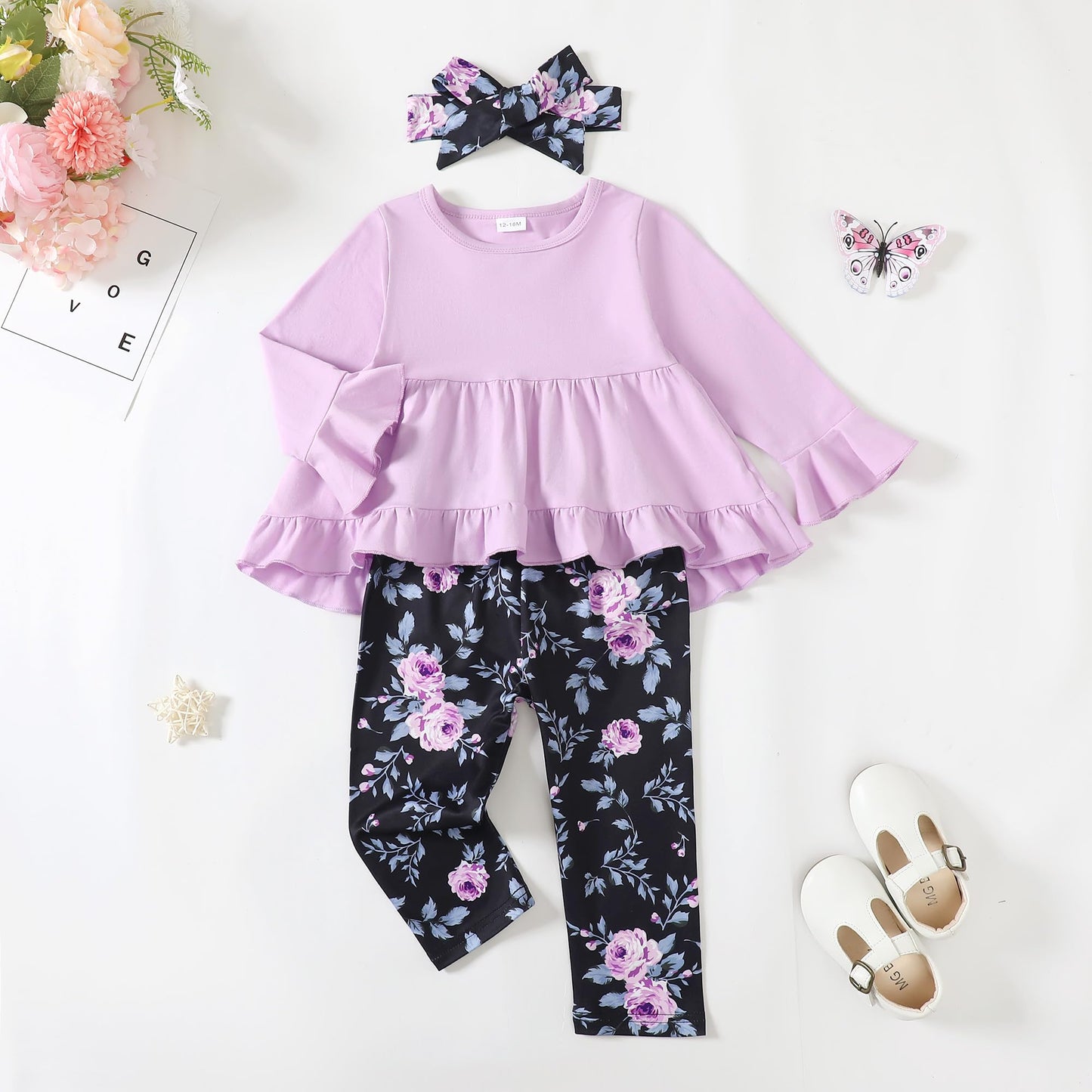 Kucnuzki Baby Girl Clothes Toddler Girl Outfit Ruffle Sleeve Shirt Floral Pant Set Fall Winter Clothing for Girl