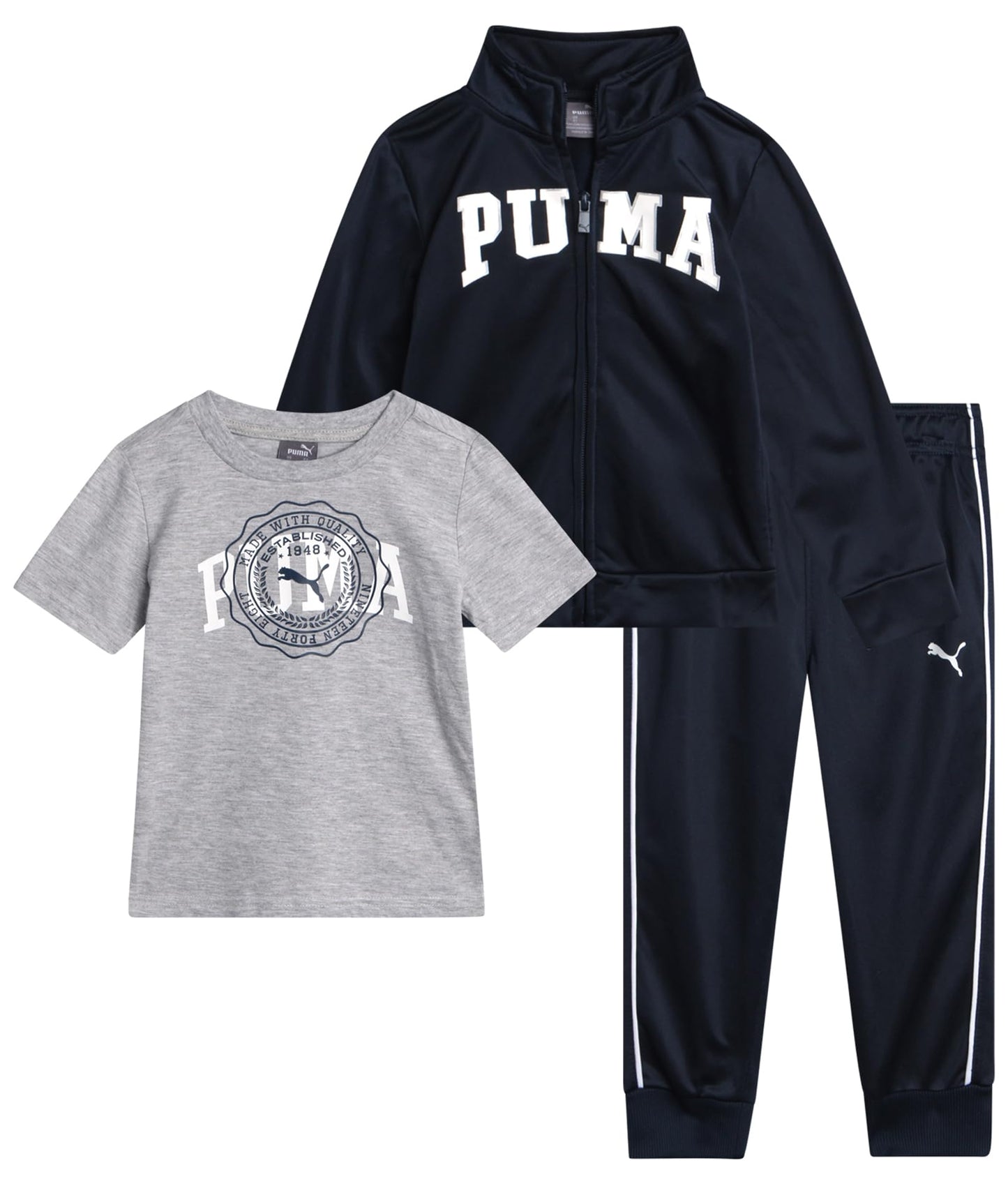 PUMA Toddler Boys Pants Set - 3 Piece Athletic T-Shirt, Zip Up Jacket, Jogger Pants - Boys Activewear Tricot Jogset (12M-4T)