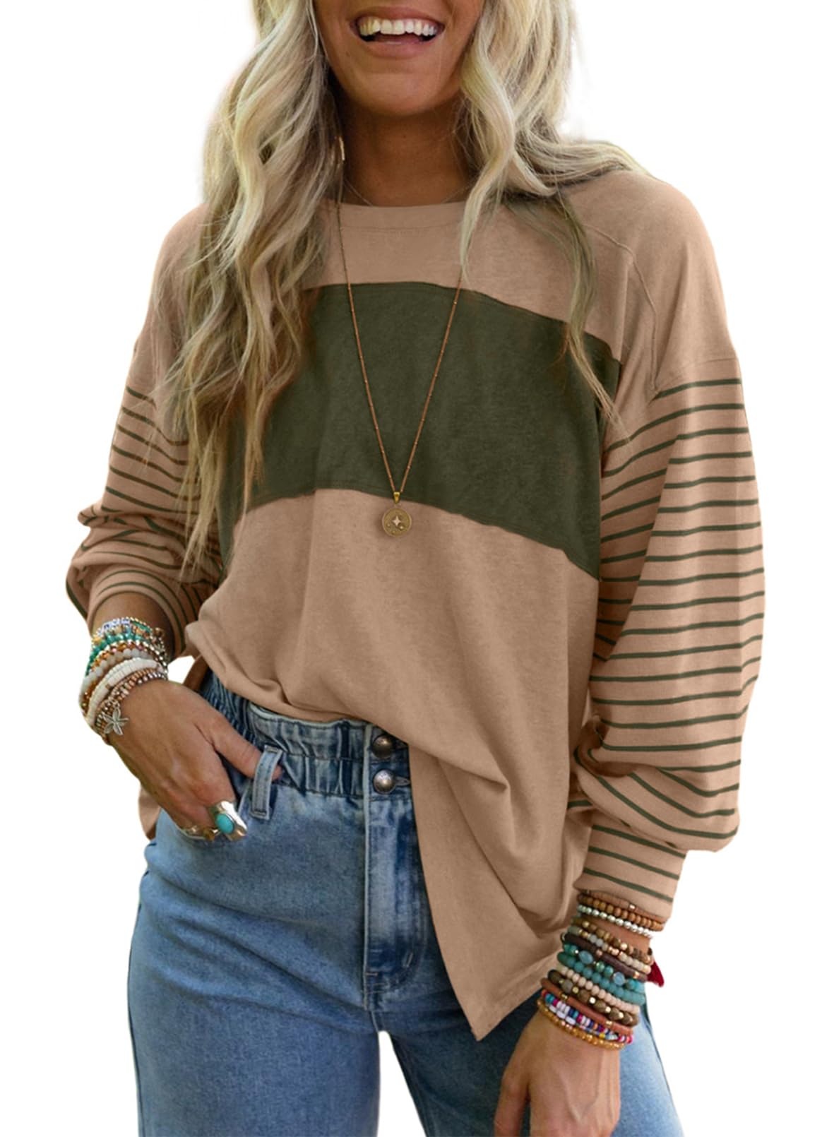 Dokotoo Long Sleeve Spring Tops Oversized 2025 Trendy Round Crew Neck Casual Color Block Womens Shirts Blouses