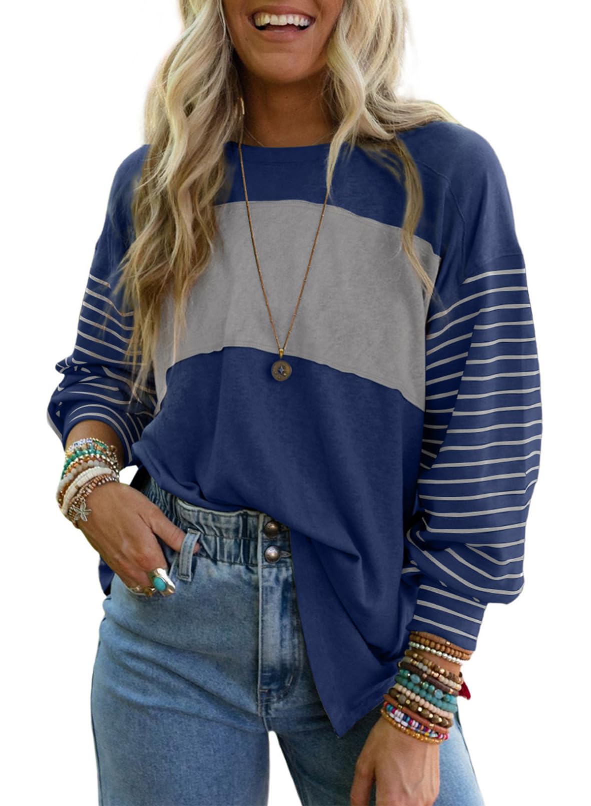 Dokotoo Long Sleeve Spring Tops Oversized 2025 Trendy Round Crew Neck Casual Color Block Womens Shirts Blouses