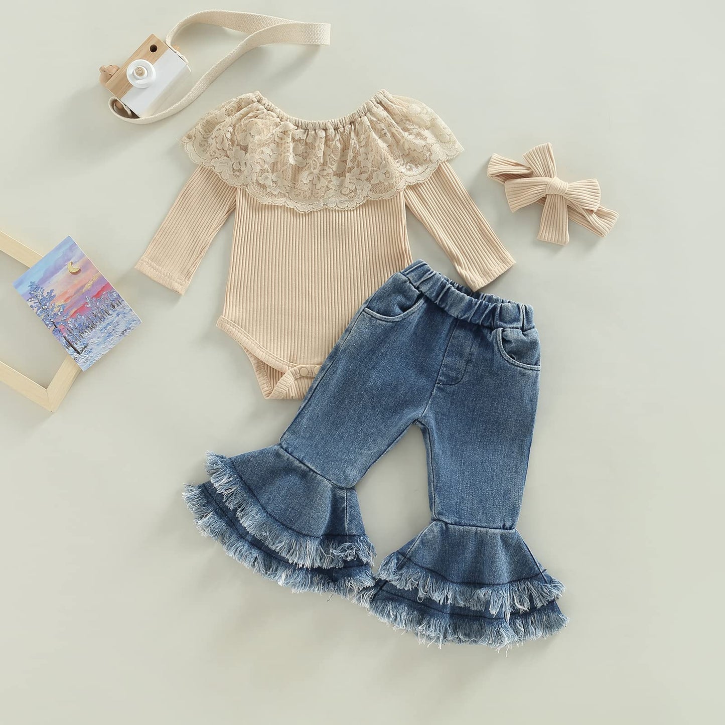 fhutpw Newborn Baby Girl Clothes Infant Rib Frill Long Sleeve Romper Flared Pants Headband Set 3pcs Fall Winter Outfits