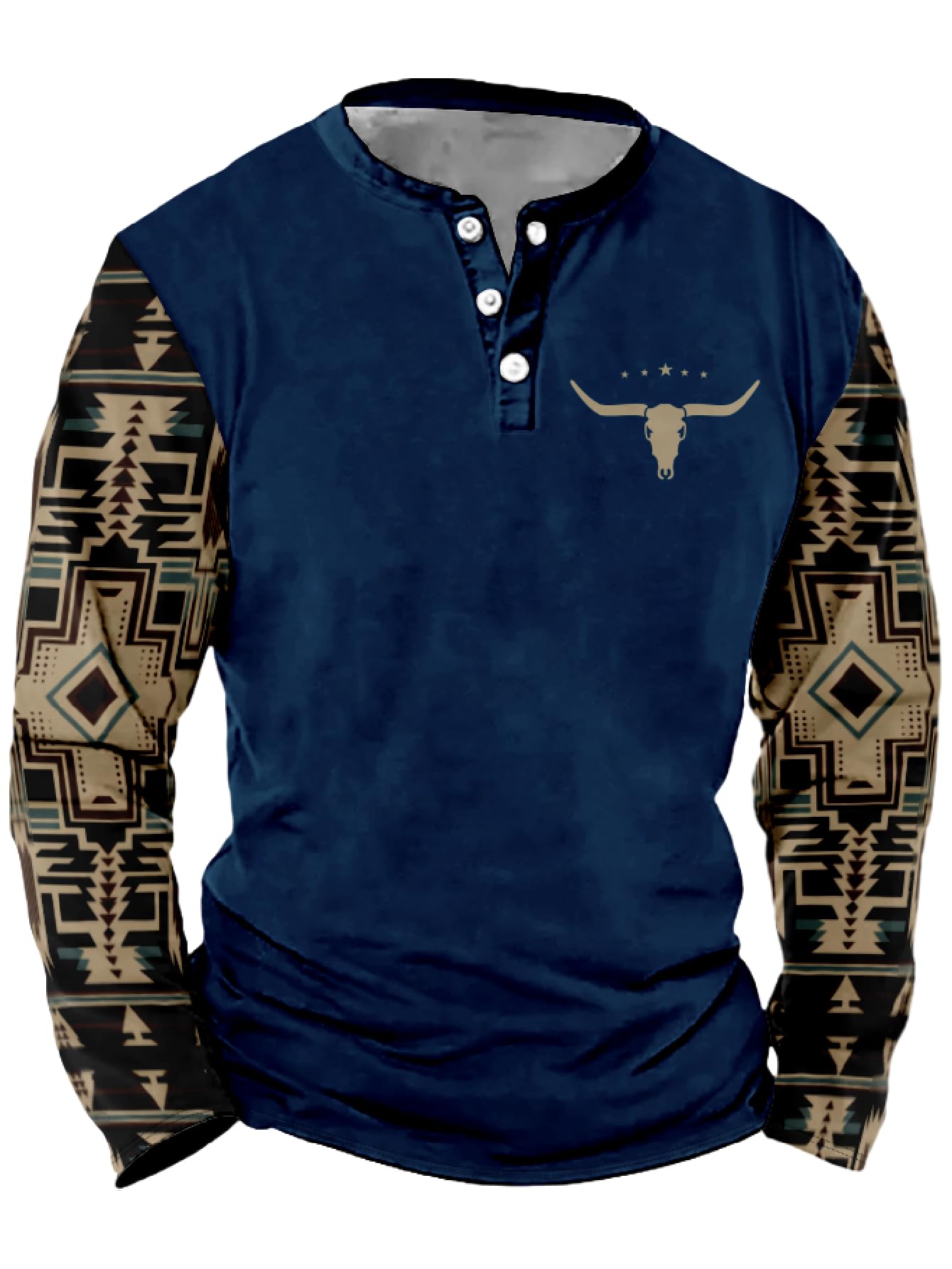 Mens Western Shirts Long Sleeve Aztec Button Down Henley Shirt Country Cowboy Slim Fit T Shirt Tee Tops for Men S-5XL