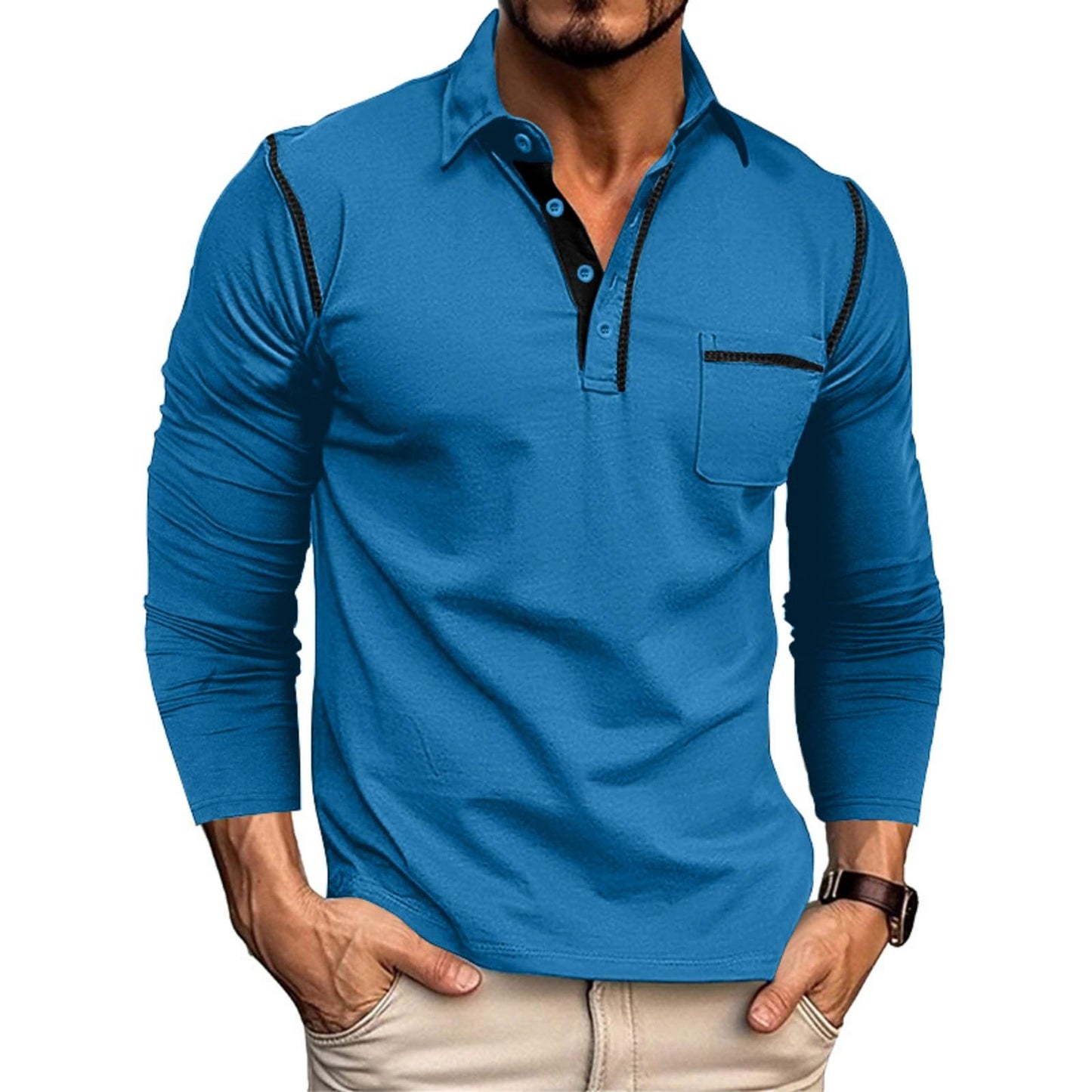 Men's Casual Polo Shirts Classic Long Sleeve Basic Button T-Shirt Lightweight Cotton Golf Tops with Pocket