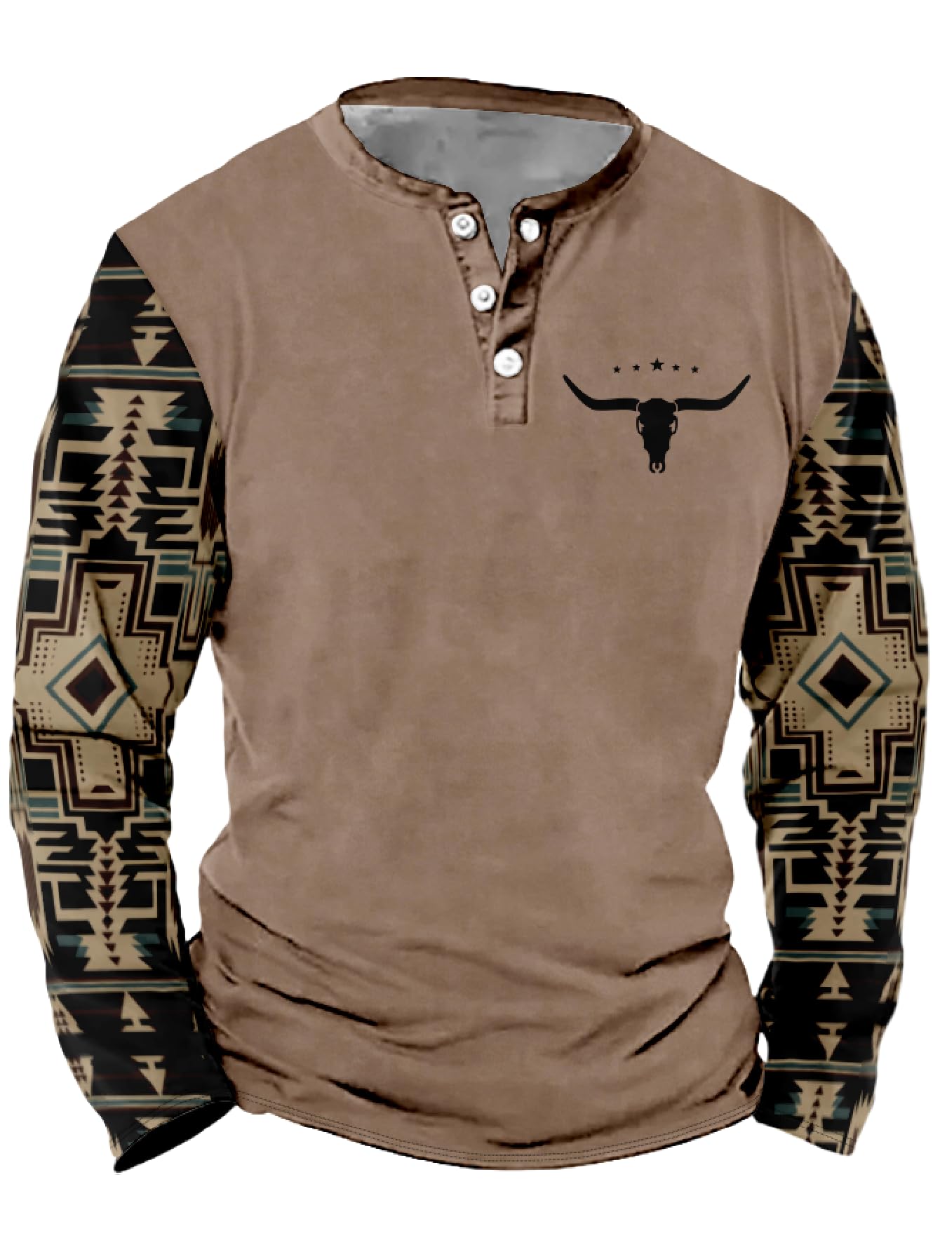 Mens Western Shirts Long Sleeve Aztec Button Down Henley Shirt Country Cowboy Slim Fit T Shirt Tee Tops for Men S-5XL