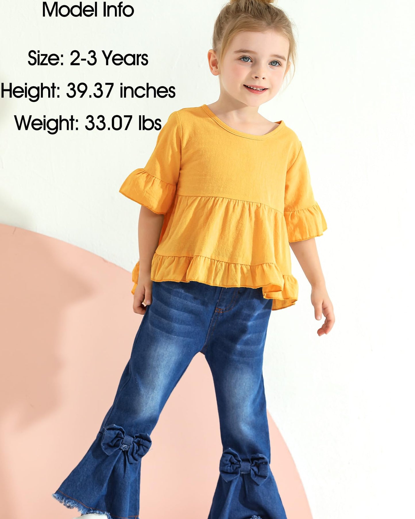 Kucnuzki Toddler Baby Girls Clothes Short Sleeve Shirt Top Flare Denim Jeans 2 Piece Outfits For Girls Cute Clothing Set