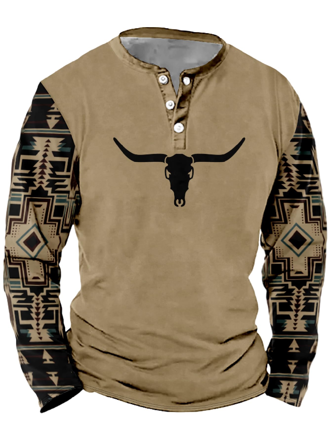 Mens Western Shirts Long Sleeve Aztec Button Down Henley Shirt Country Cowboy Slim Fit T Shirt Tee Tops for Men S-5XL