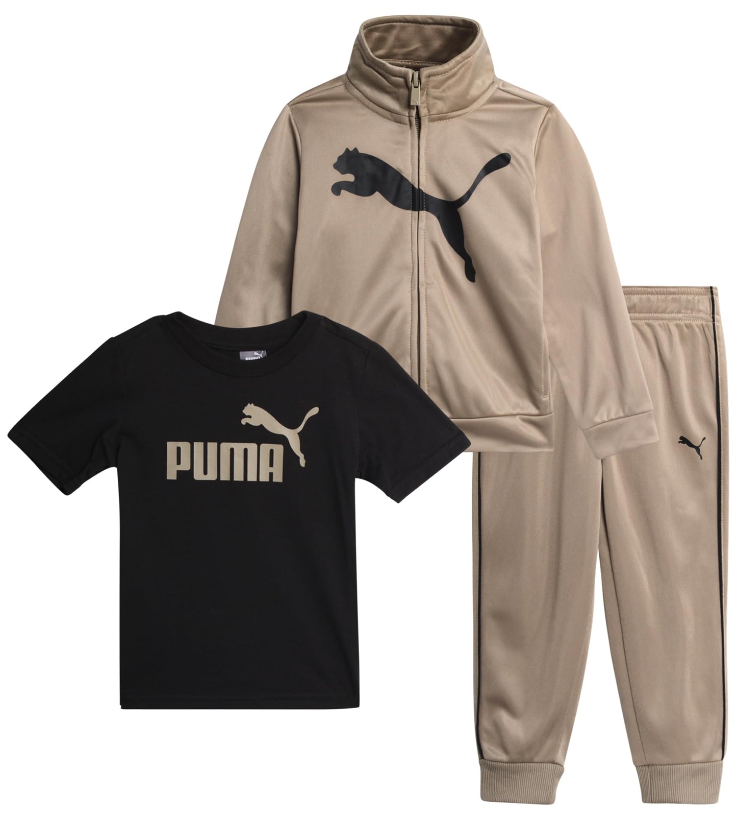 PUMA Toddler Boys Pants Set - 3 Piece Athletic T-Shirt, Zip Up Jacket, Jogger Pants - Boys Activewear Tricot Jogset (12M-4T)