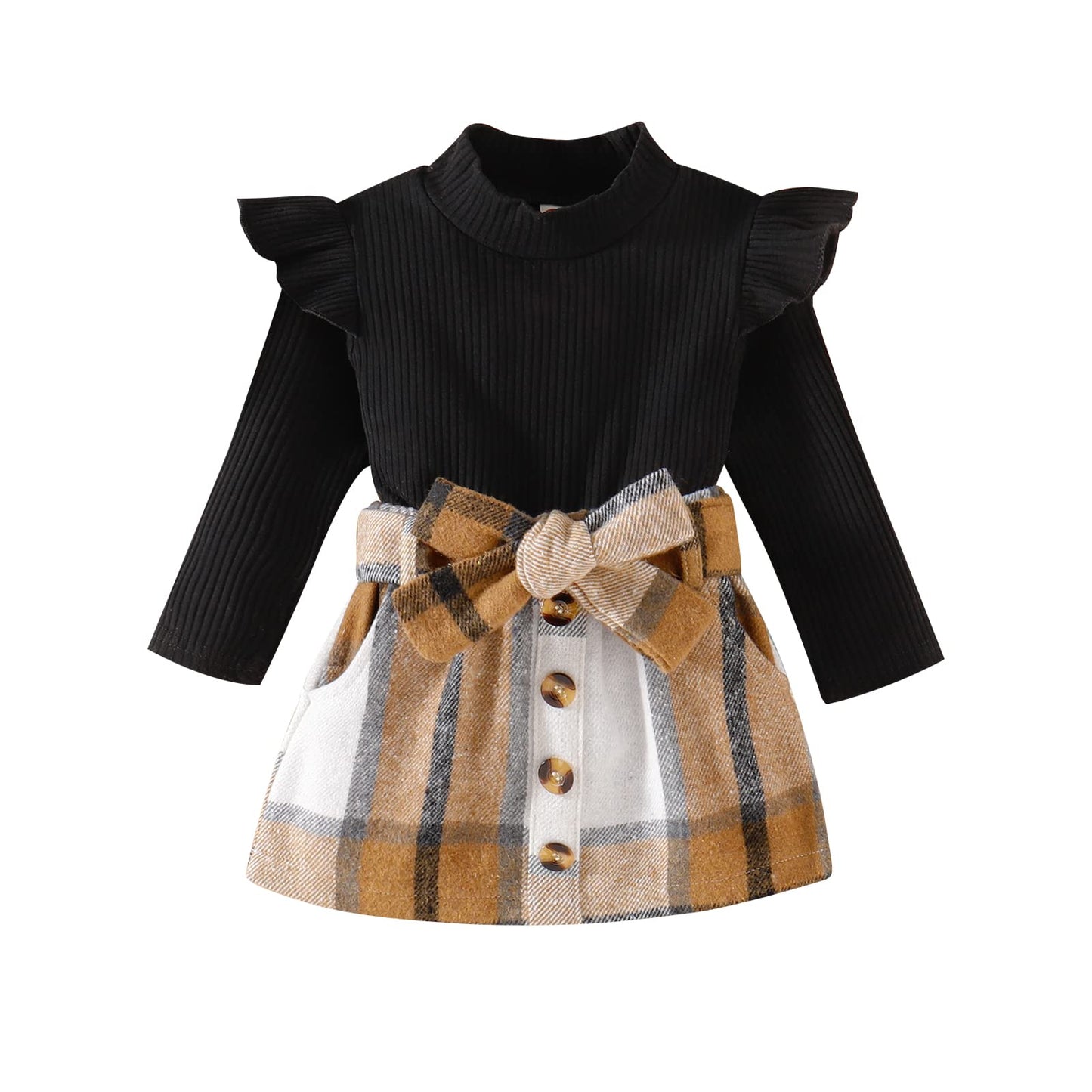 fhutpw Baby Toddler Girl Outfits Fall Winter Clothes Turtleneck Knitted Cotton Long Sleeves Tops & Button Mini Skirts Set