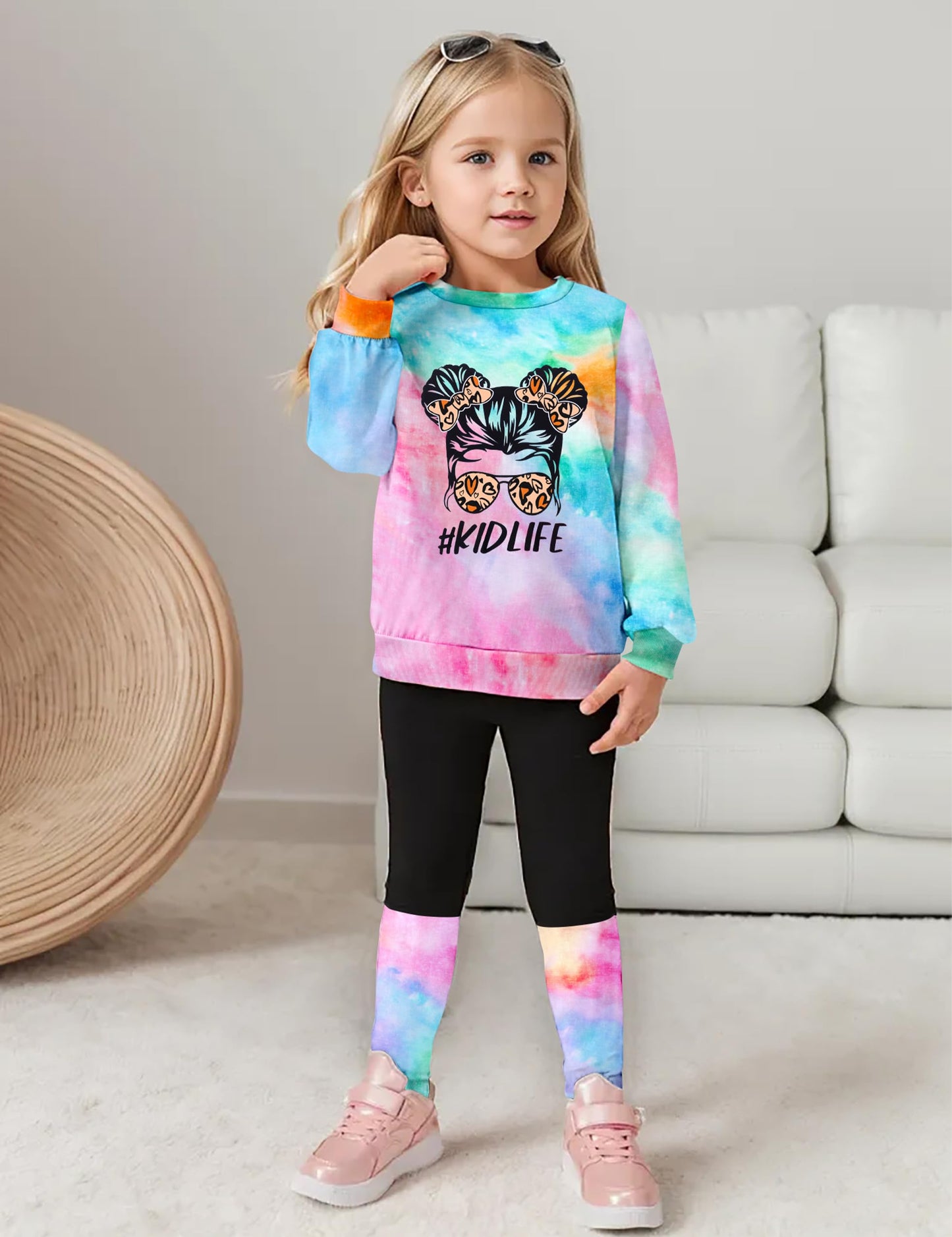 DONWEN Toddler Girl Clothes,Tie Dye Sweatsuit 2 Piece Girls Outfits Graphic Pullover Top Pants Girls Fall Winter Outfit