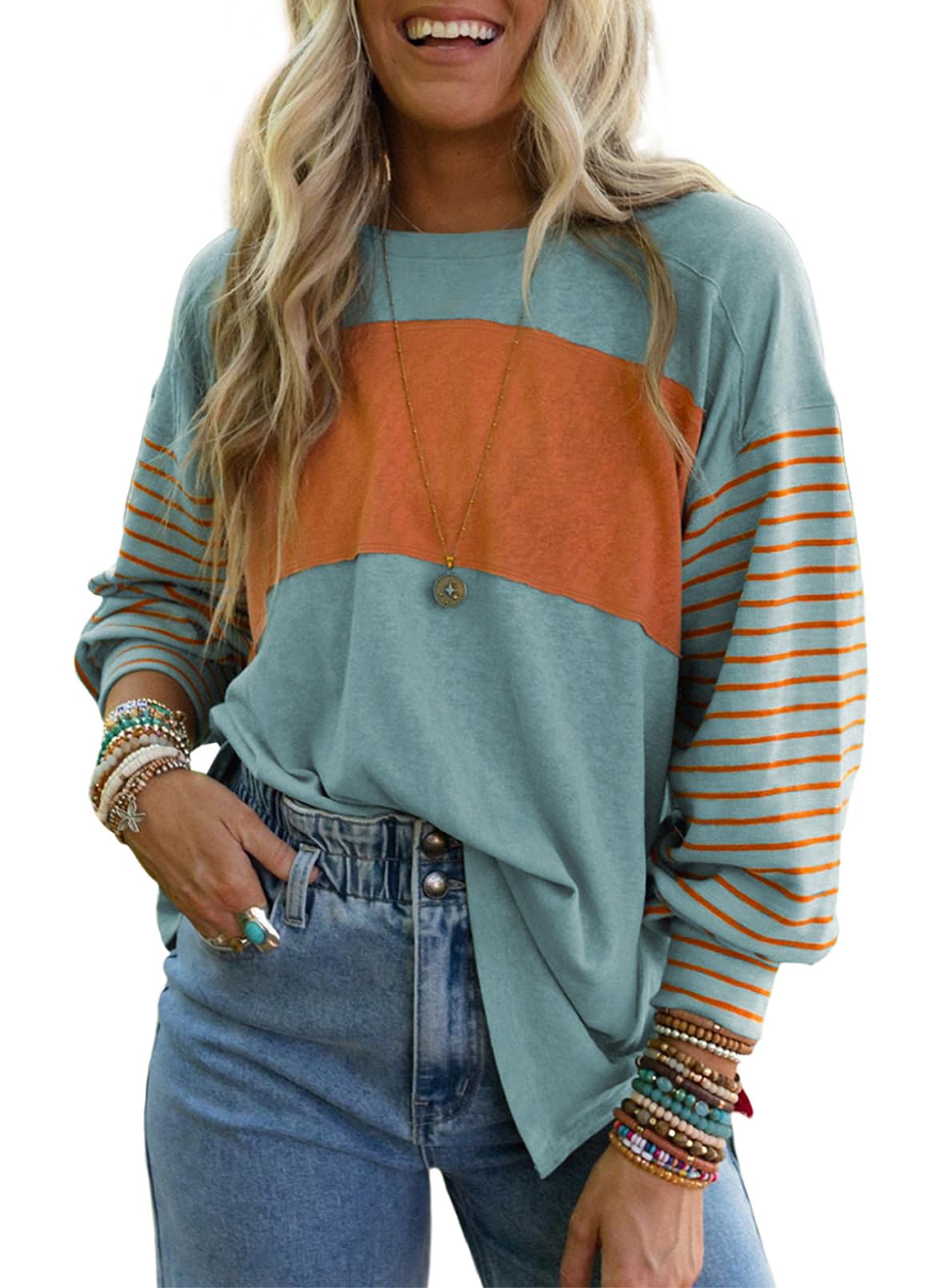 Dokotoo Long Sleeve Spring Tops Oversized 2025 Trendy Round Crew Neck Casual Color Block Womens Shirts Blouses