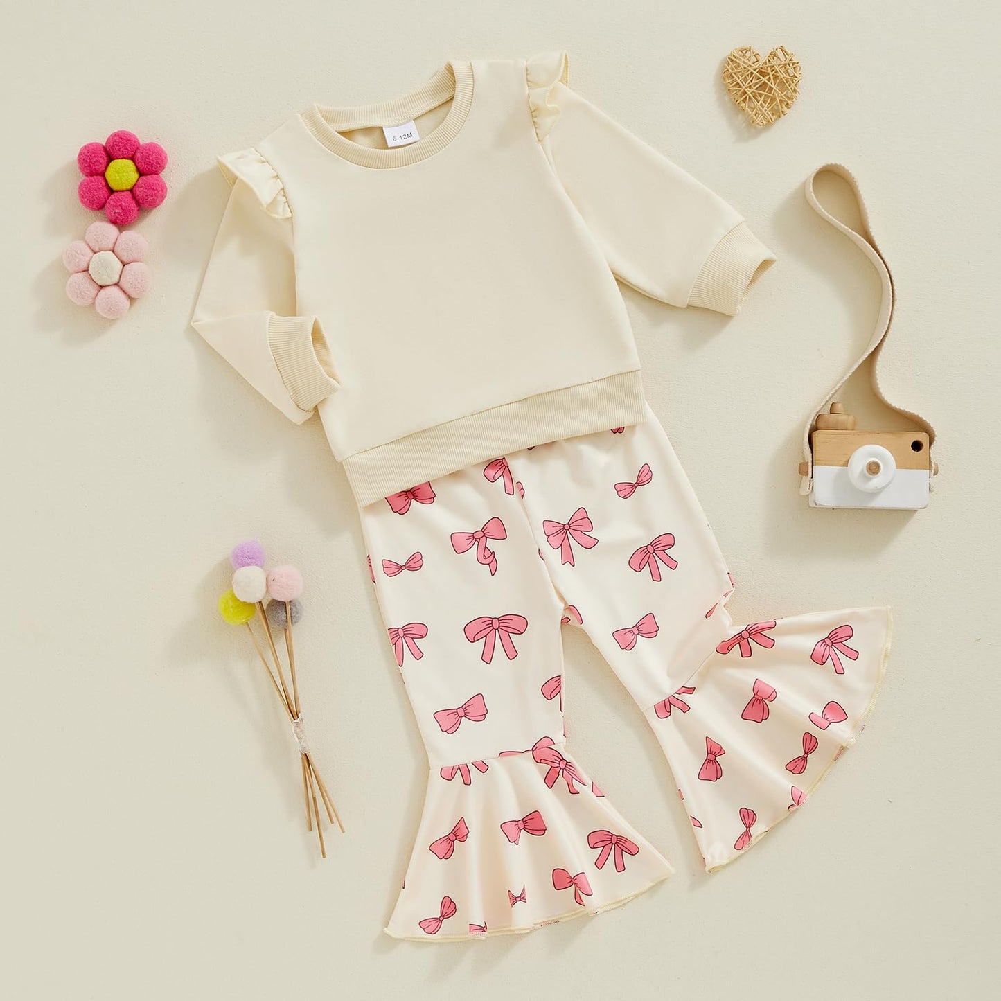 Toddler Infant Baby Girl Clothes Warm Fall Winter Outfits Solid Fly Sleeve Sweatshirt Bow Bell Bottoms Pants