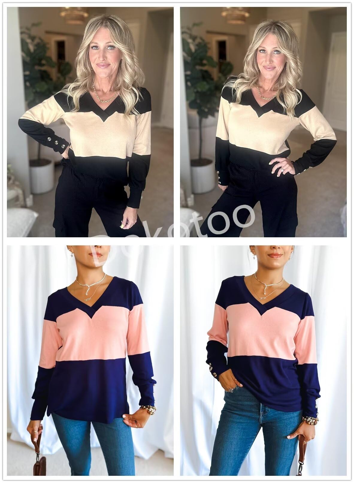 Dokotoo Womens Tops 2025 Spring Color Block Long Sleeve Shirts V Neck Dressy Casual Blouses