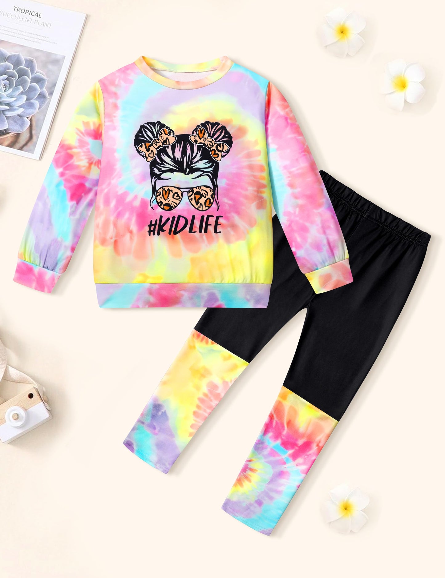 DONWEN Toddler Girl Clothes,Tie Dye Sweatsuit 2 Piece Girls Outfits Graphic Pullover Top Pants Girls Fall Winter Outfit