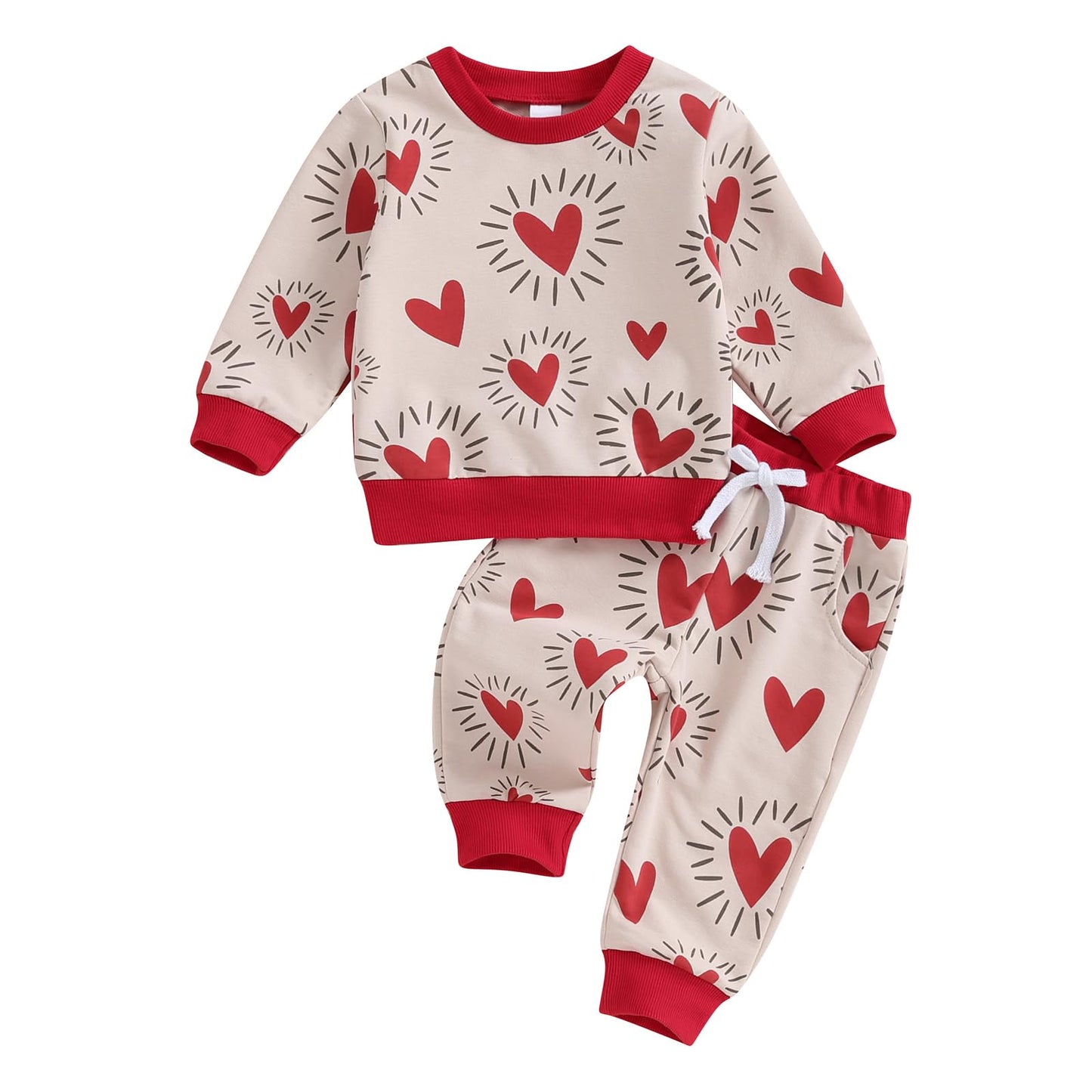 BeQeuewll Baby Girl Valentines Outfit Long Sleeve Heart Print Sweatshirt Jogger Pants 2Pcs Baby Girls Valentine Clothes