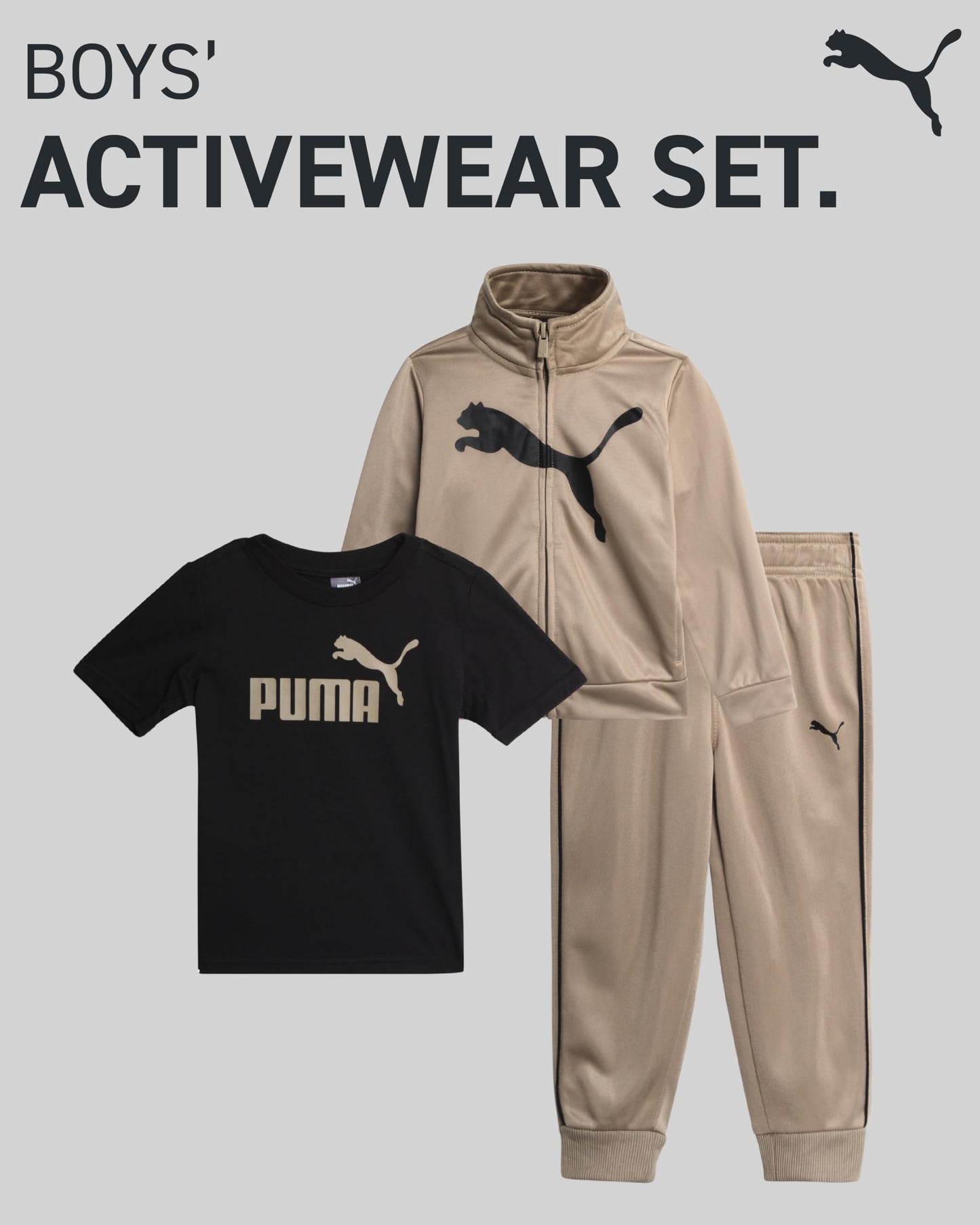 PUMA Toddler Boys Pants Set - 3 Piece Athletic T-Shirt, Zip Up Jacket, Jogger Pants - Boys Activewear Tricot Jogset (12M-4T)