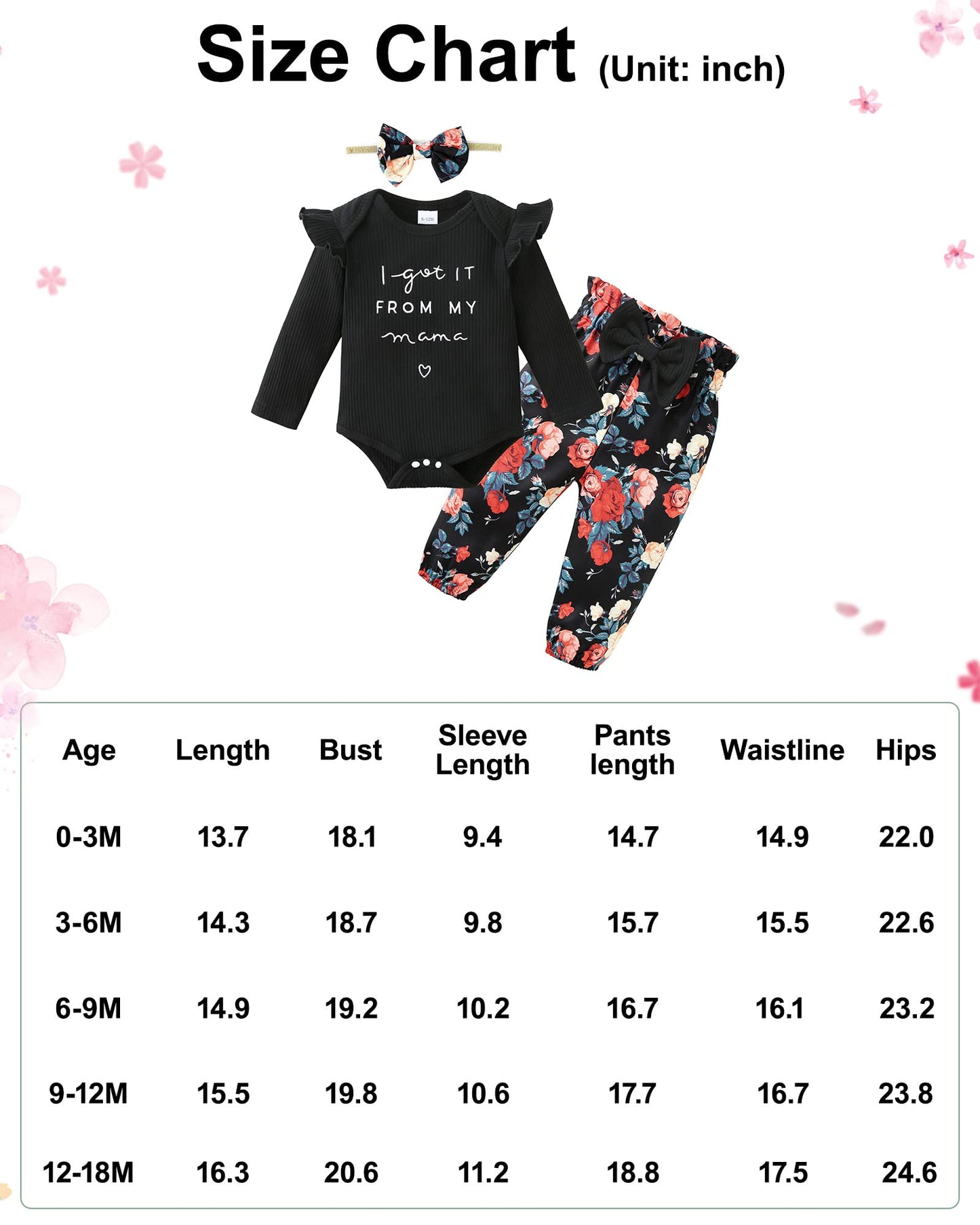 DISAUR Baby Girls Clothes Newborn Infant Baby Girls Outfit Long Sleeve Ruffle Romper Floral Pants Headband Sets 0-18 Months