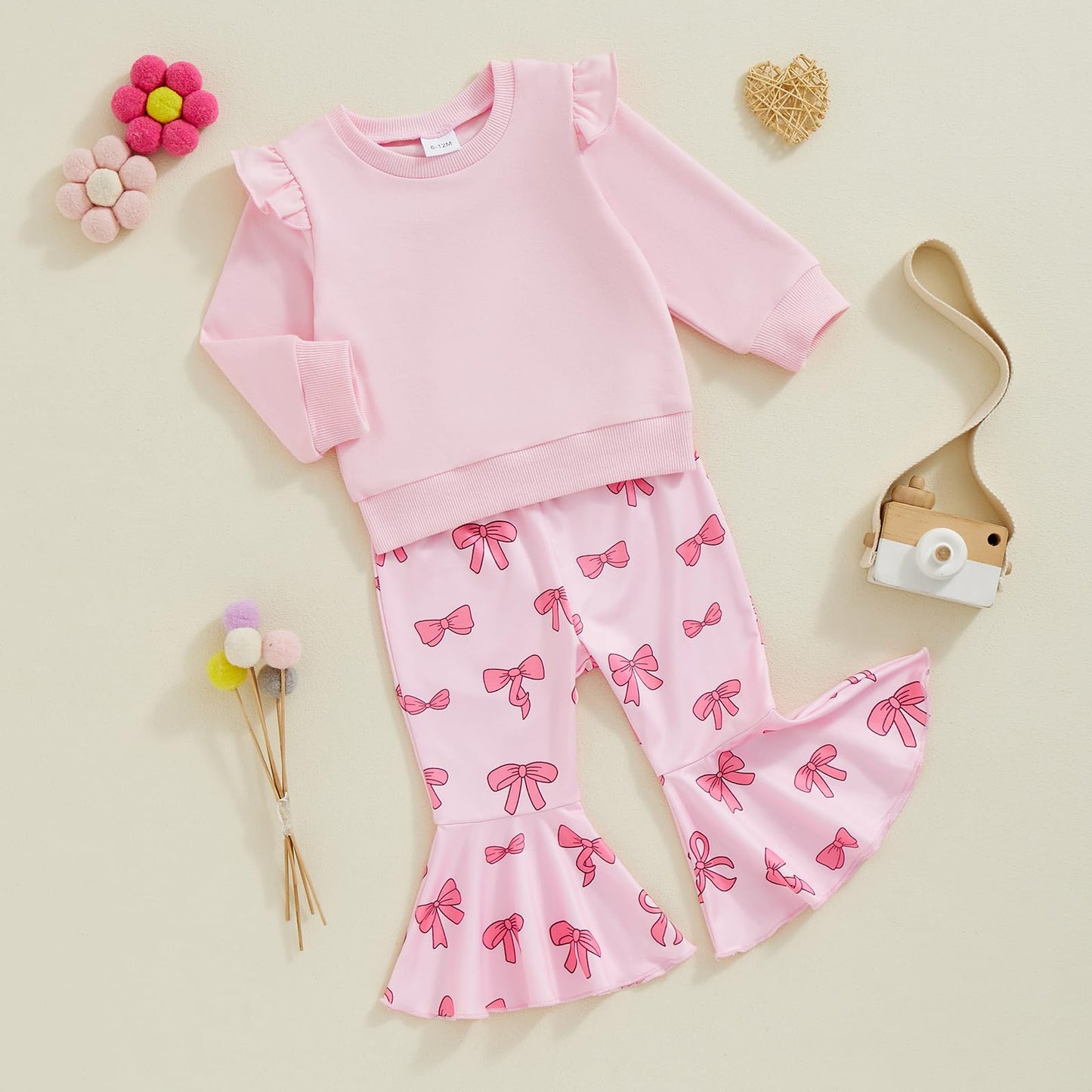 Toddler Infant Baby Girl Clothes Warm Fall Winter Outfits Solid Fly Sleeve Sweatshirt Bow Bell Bottoms Pants