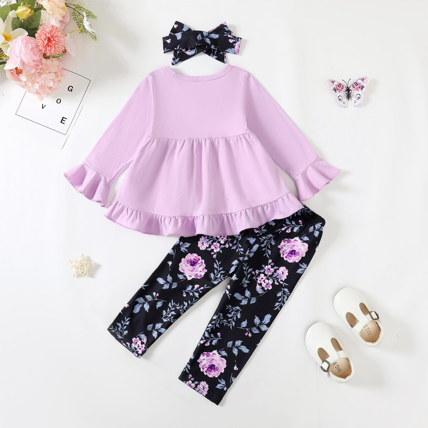 Kucnuzki Baby Girl Clothes Toddler Girl Outfit Ruffle Sleeve Shirt Floral Pant Set Fall Winter Clothing for Girl