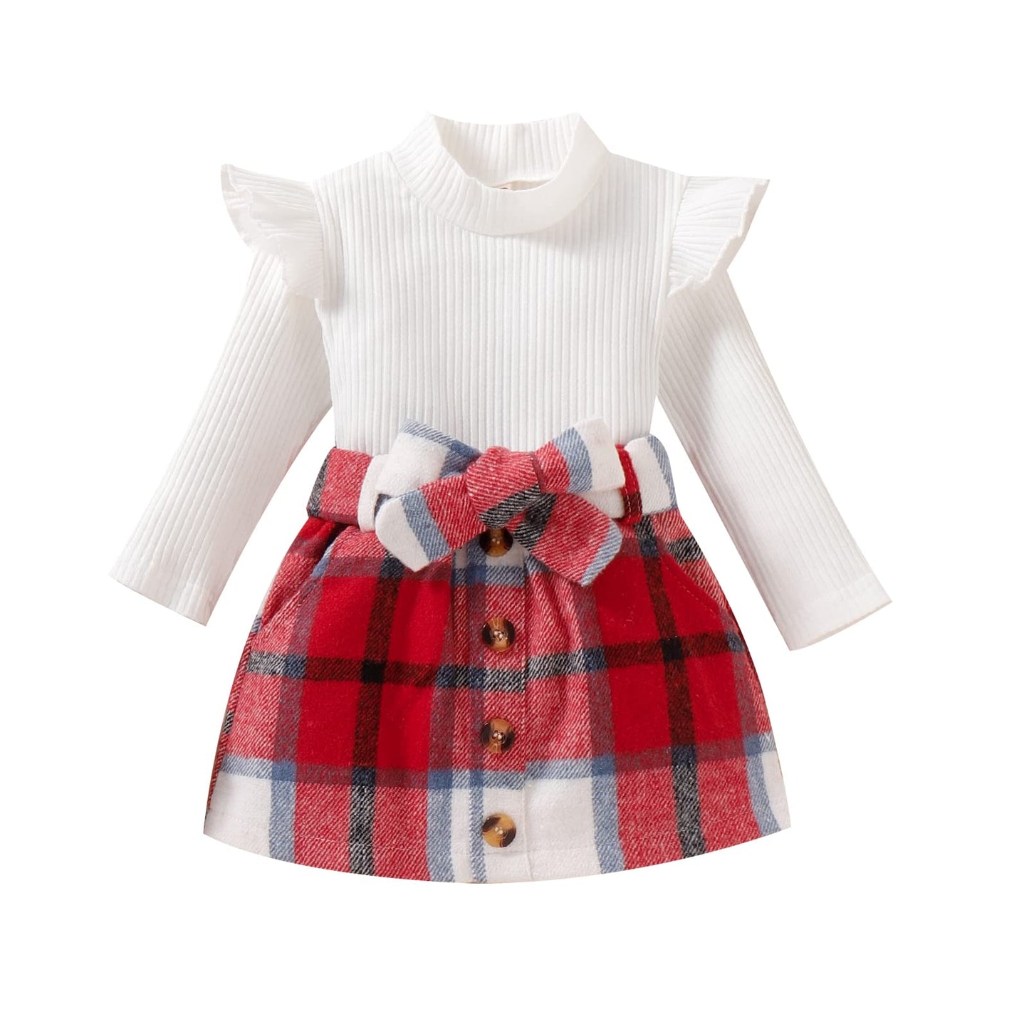 fhutpw Baby Toddler Girl Outfits Fall Winter Clothes Turtleneck Knitted Cotton Long Sleeves Tops & Button Mini Skirts Set