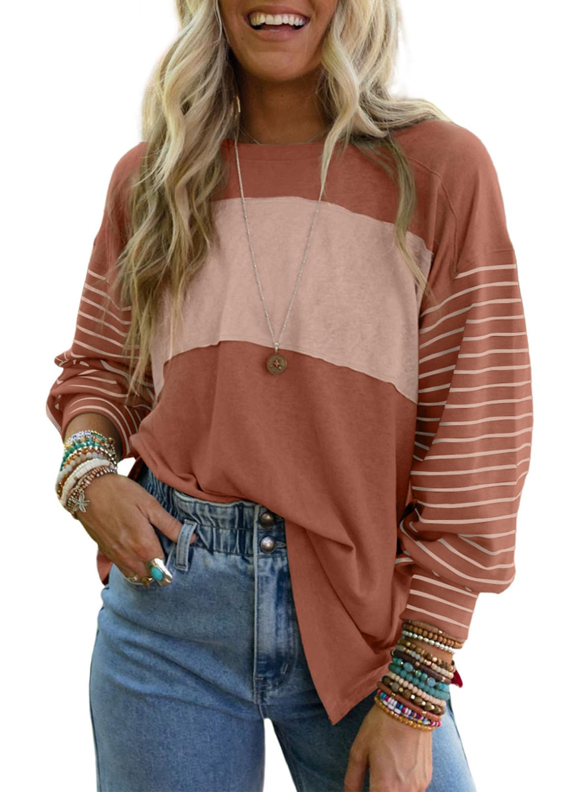 Dokotoo Long Sleeve Spring Tops Oversized 2025 Trendy Round Crew Neck Casual Color Block Womens Shirts Blouses