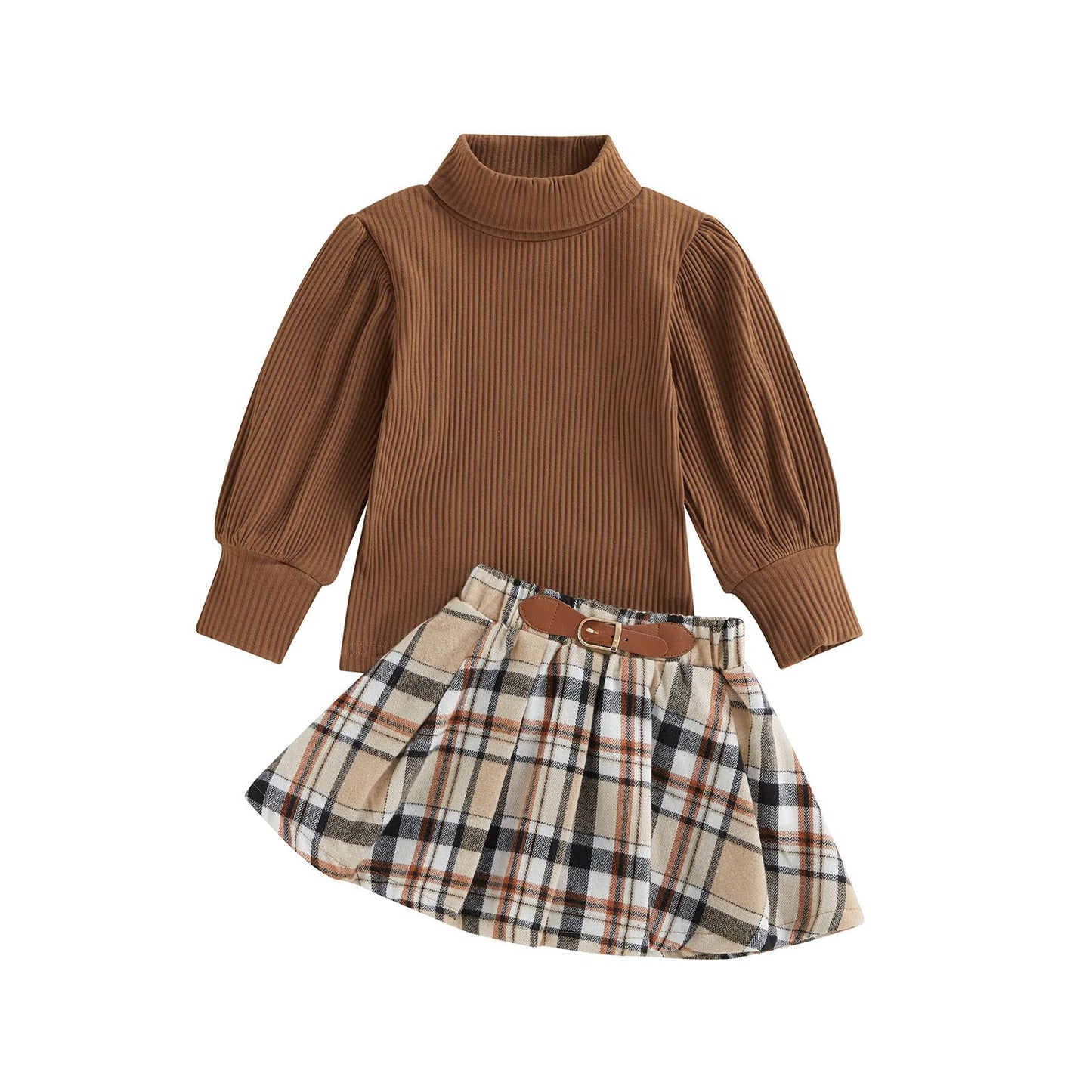 fhutpw Baby Toddler Girl Outfits Fall Winter Clothes Turtleneck Knitted Cotton Long Sleeves Tops & Button Mini Skirts Set