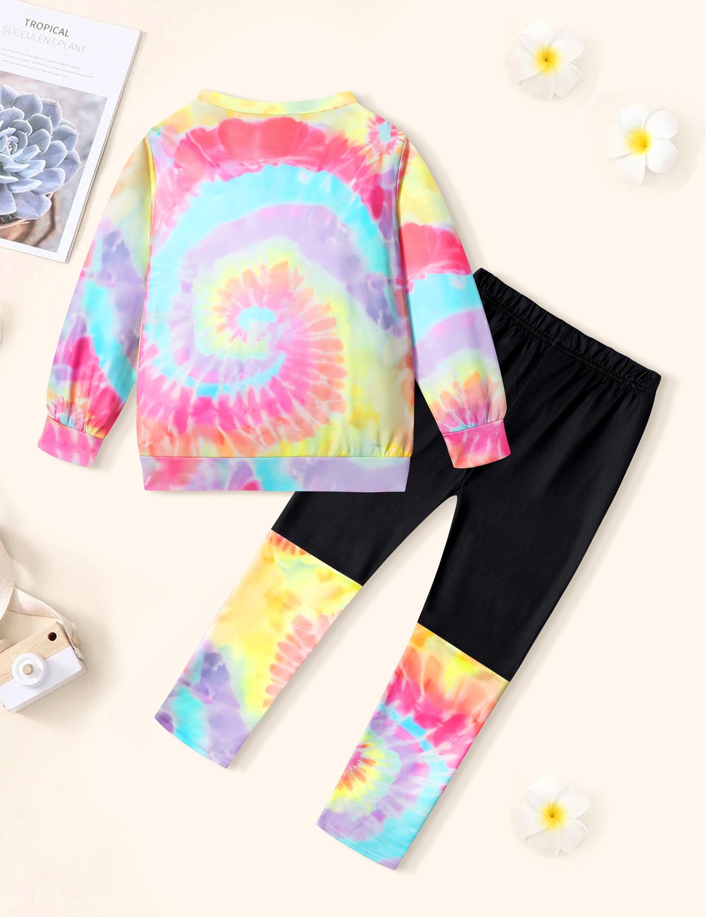 DONWEN Toddler Girl Clothes,Tie Dye Sweatsuit 2 Piece Girls Outfits Graphic Pullover Top Pants Girls Fall Winter Outfit