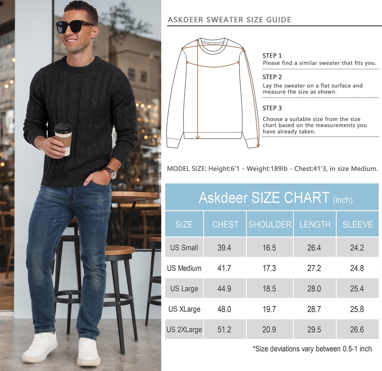 Askdeer Men's Crewneck Pullover Sweater Chunky Cable Knit Sweater Classic Casual Sweaters with Ribbing Edge