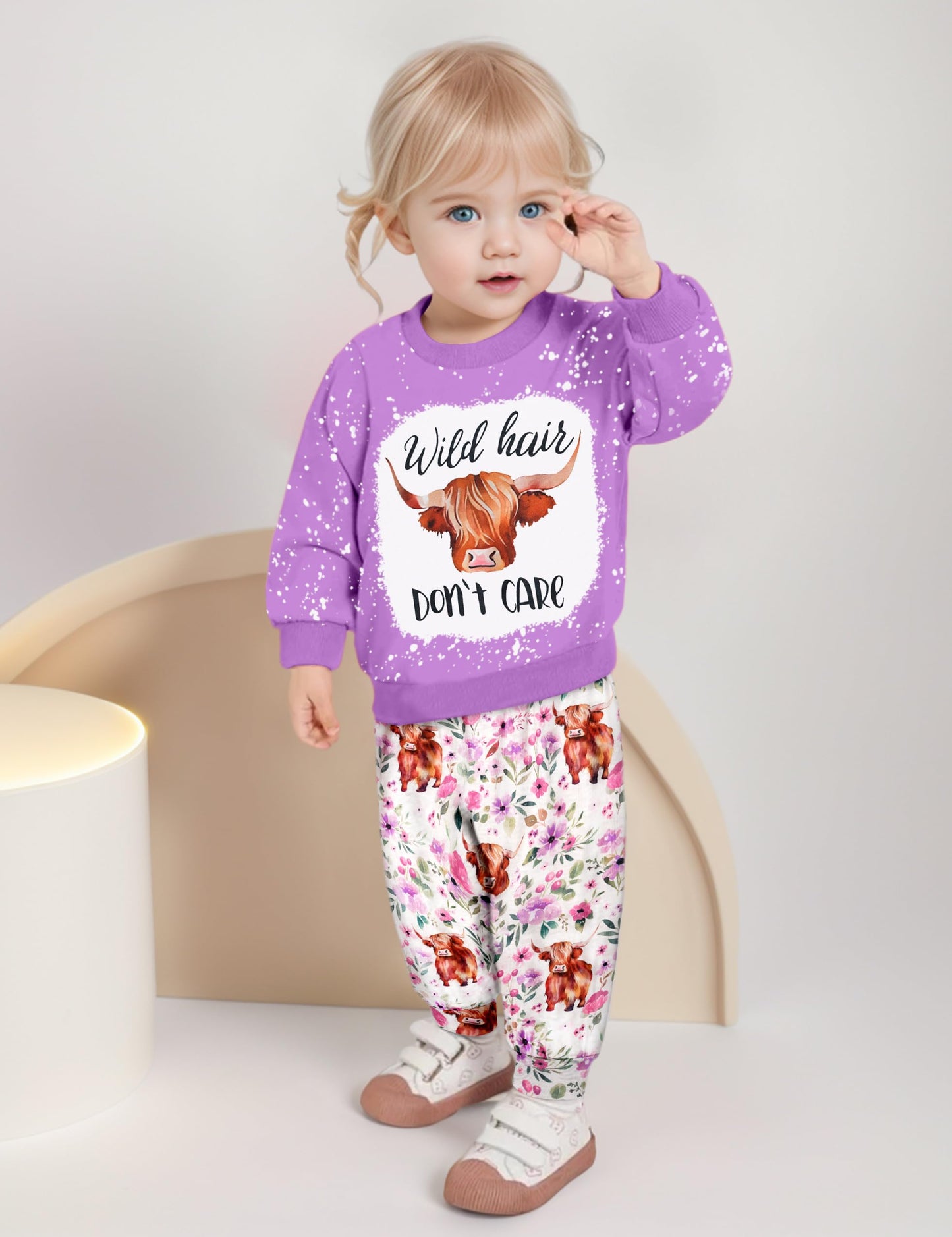 Toddler Girl Clothes Fall Winter Outfits Wild Hair Don't Care Highland Cow Sweatshirt Pants Western Cowgirl Outfit