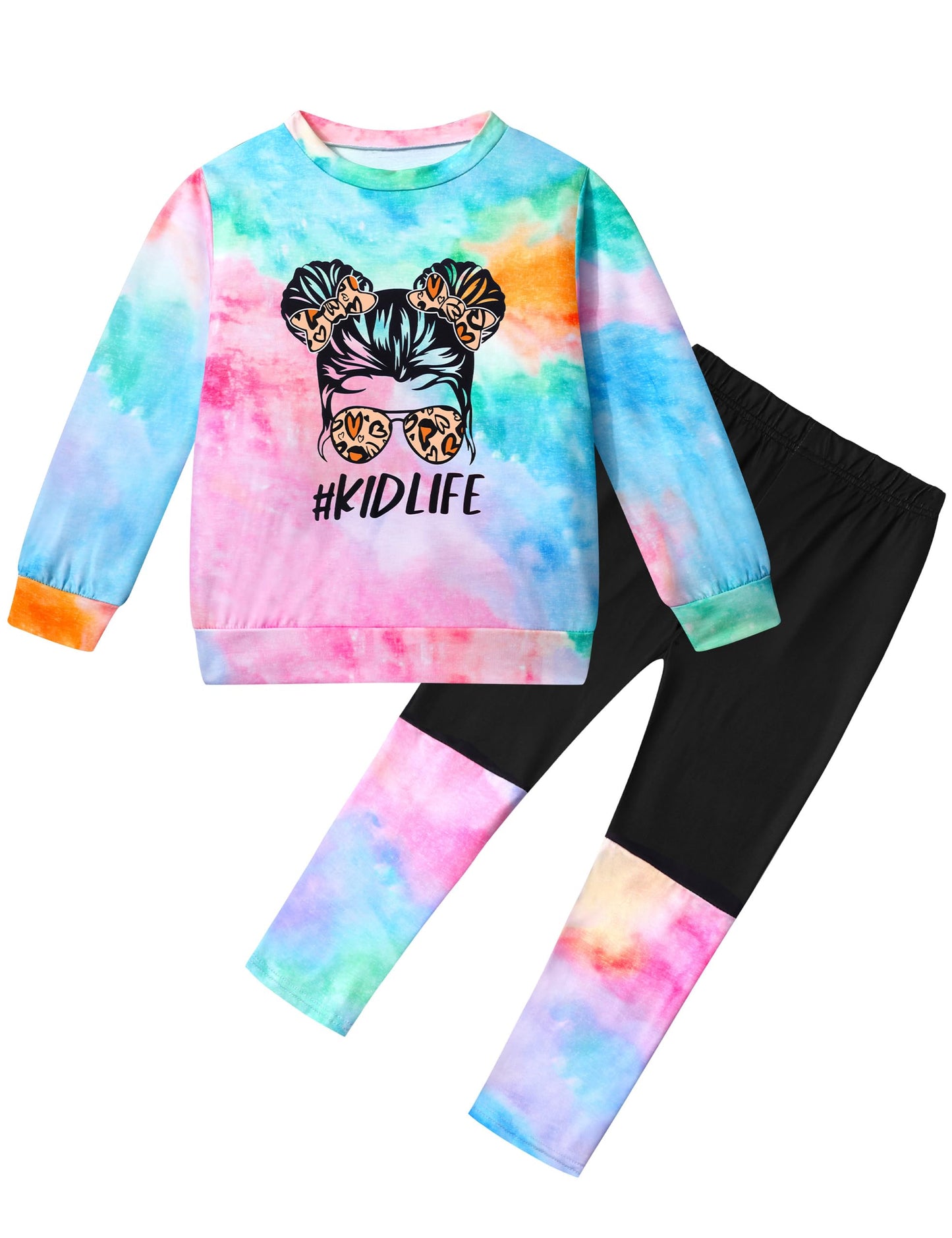 DONWEN Toddler Girl Clothes,Tie Dye Sweatsuit 2 Piece Girls Outfits Graphic Pullover Top Pants Girls Fall Winter Outfit