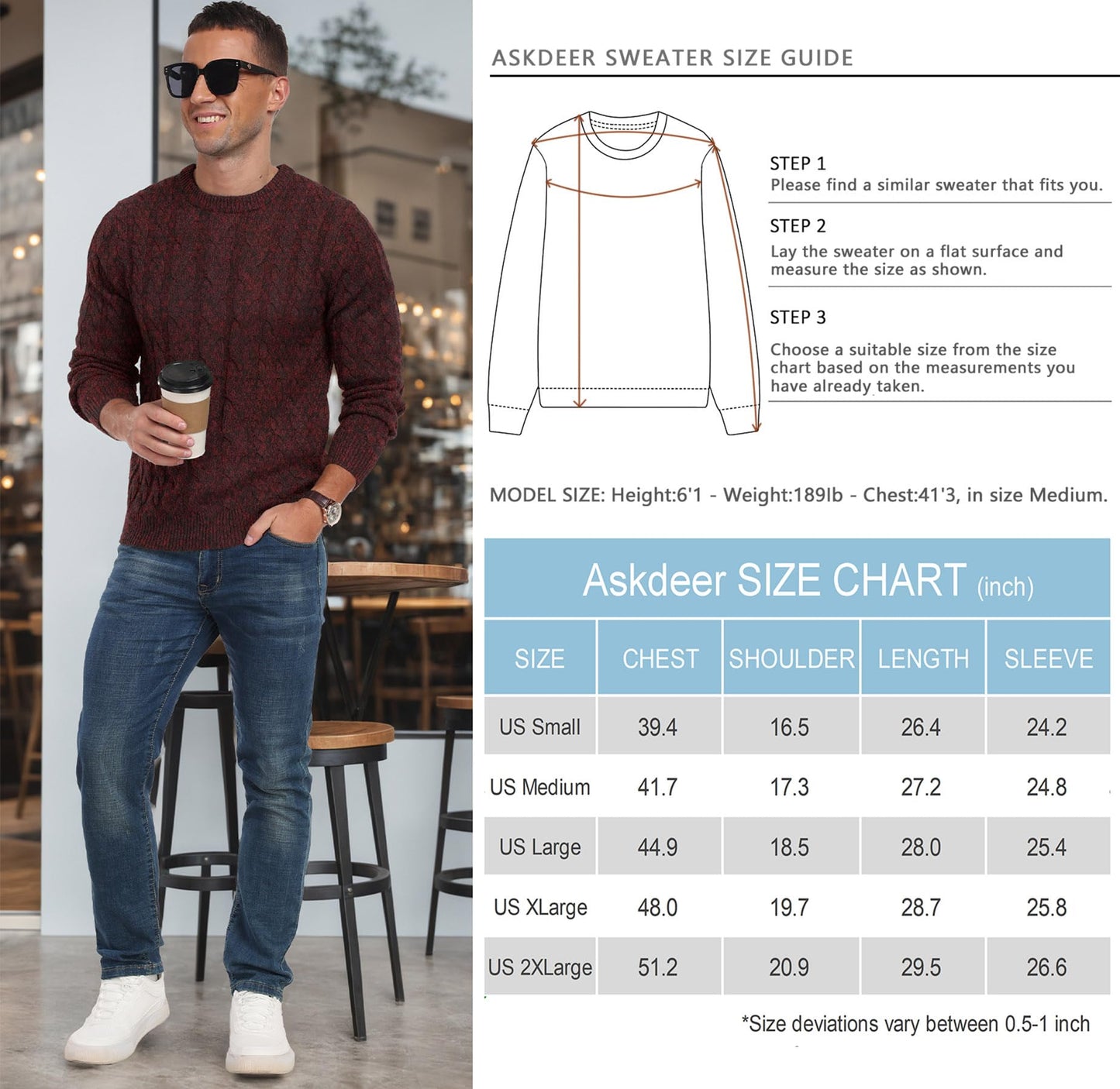 Askdeer Men's Crewneck Pullover Sweater Chunky Cable Knit Sweater Classic Casual Sweaters with Ribbing Edge