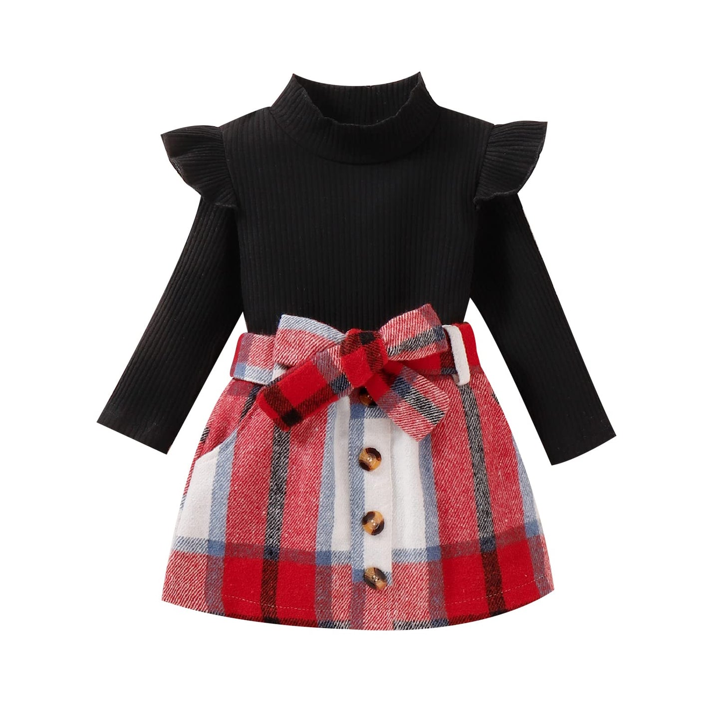 fhutpw Baby Toddler Girl Outfits Fall Winter Clothes Turtleneck Knitted Cotton Long Sleeves Tops & Button Mini Skirts Set