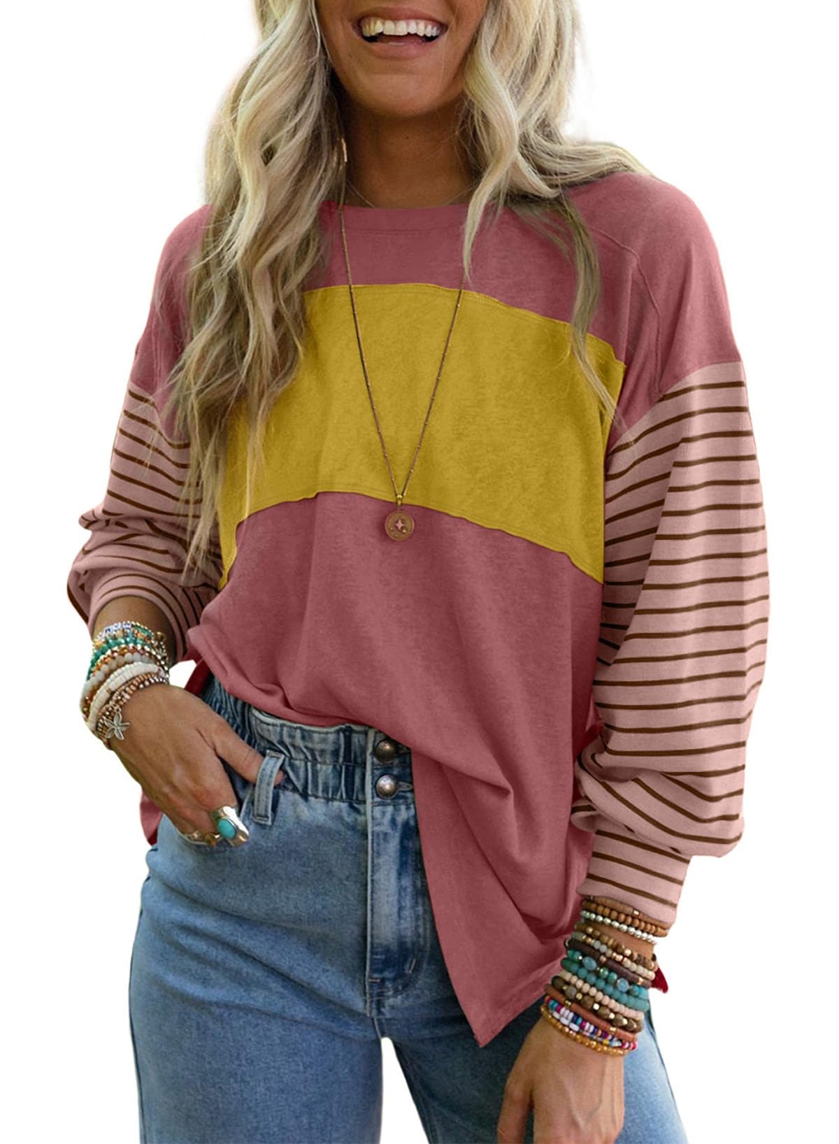 Dokotoo Long Sleeve Spring Tops Oversized 2025 Trendy Round Crew Neck Casual Color Block Womens Shirts Blouses