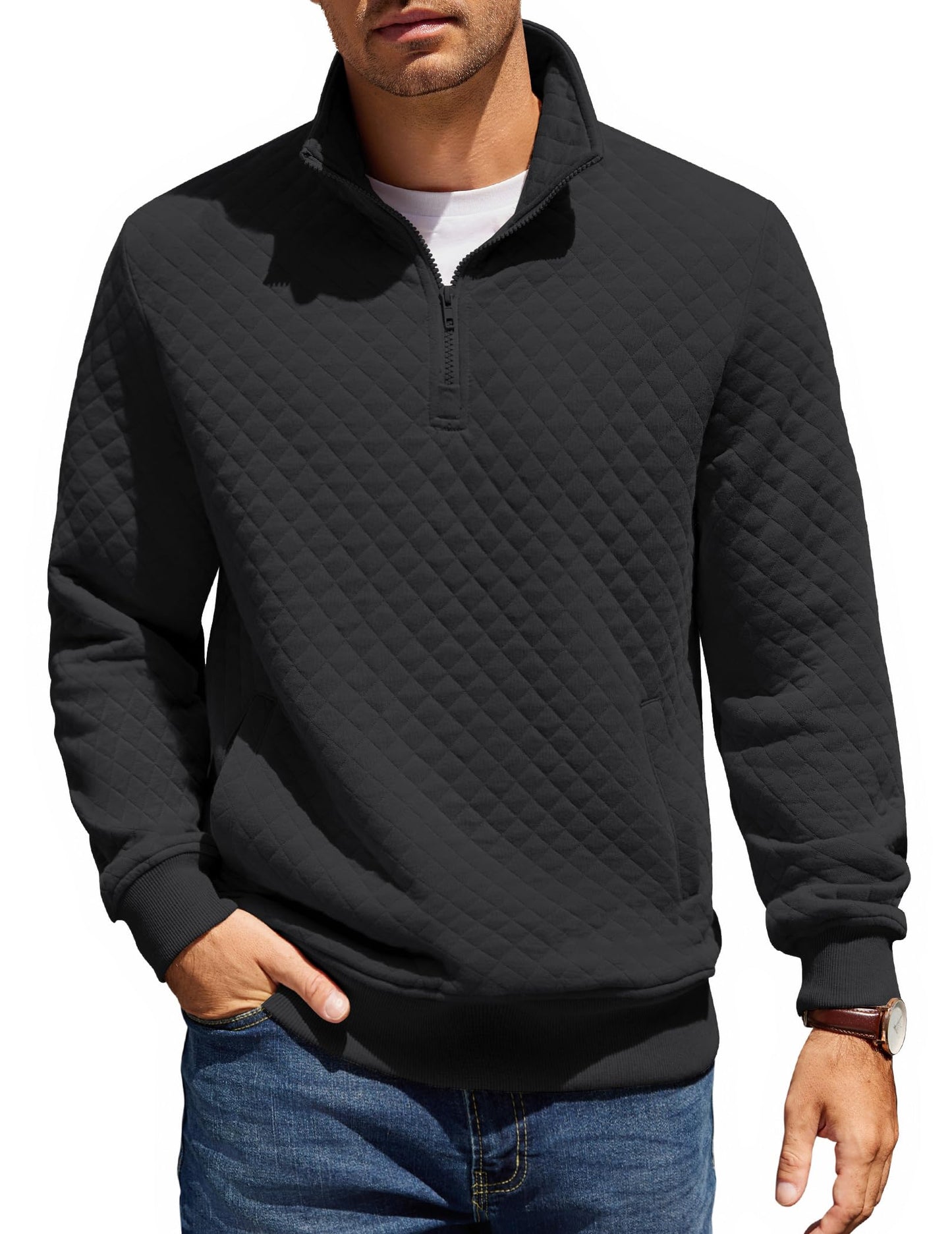 COOFANDY Mens Quarter Zip Pullover Quilted Sweatshirt Knit Long Sleeve Mock Neck Sweater Polo with Pocket