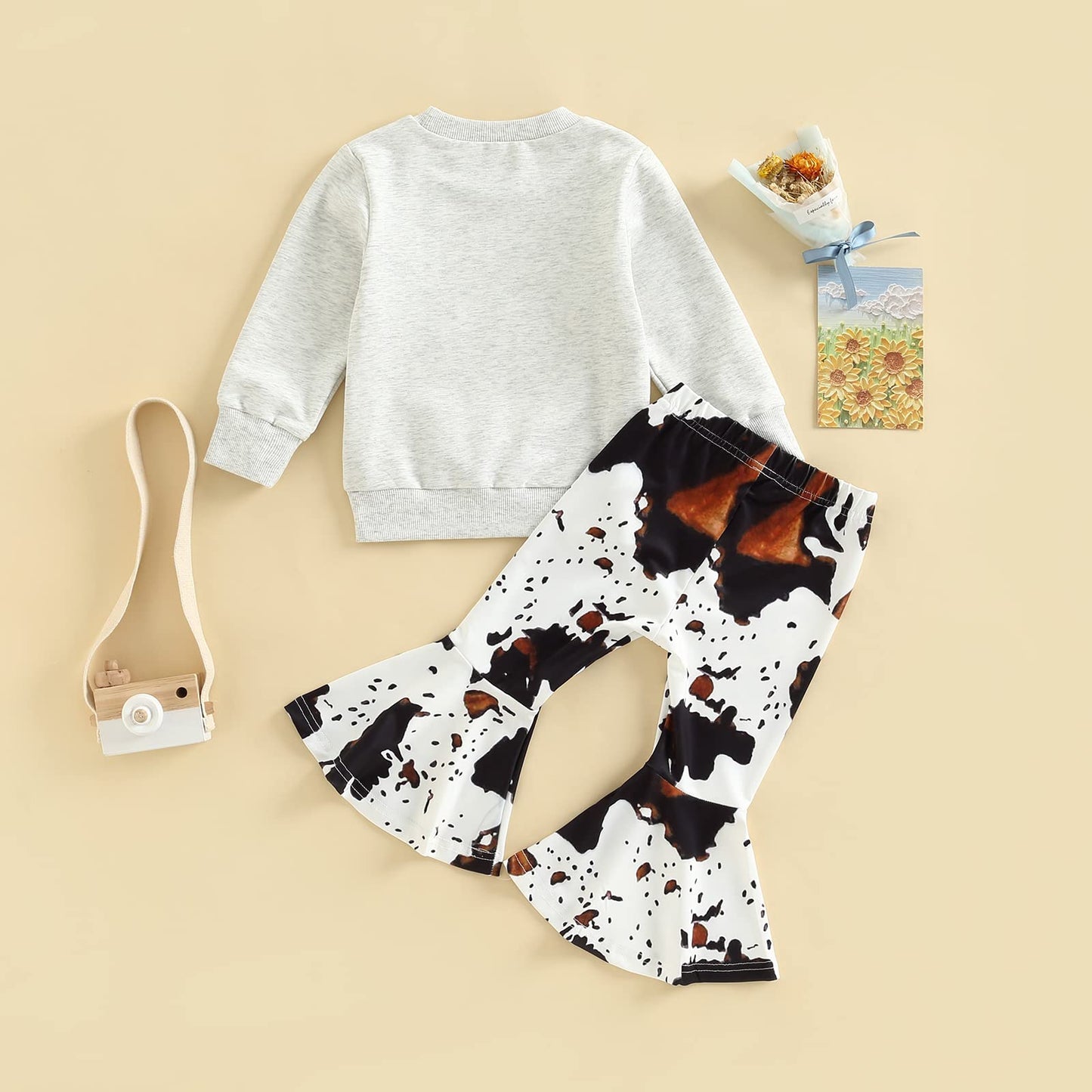 Toddler Kids Girls Clothes Sets Cow Print Long Sleeve Sweatshirt Pullover Flare Pants 2Pcs Fall Winter Outfits