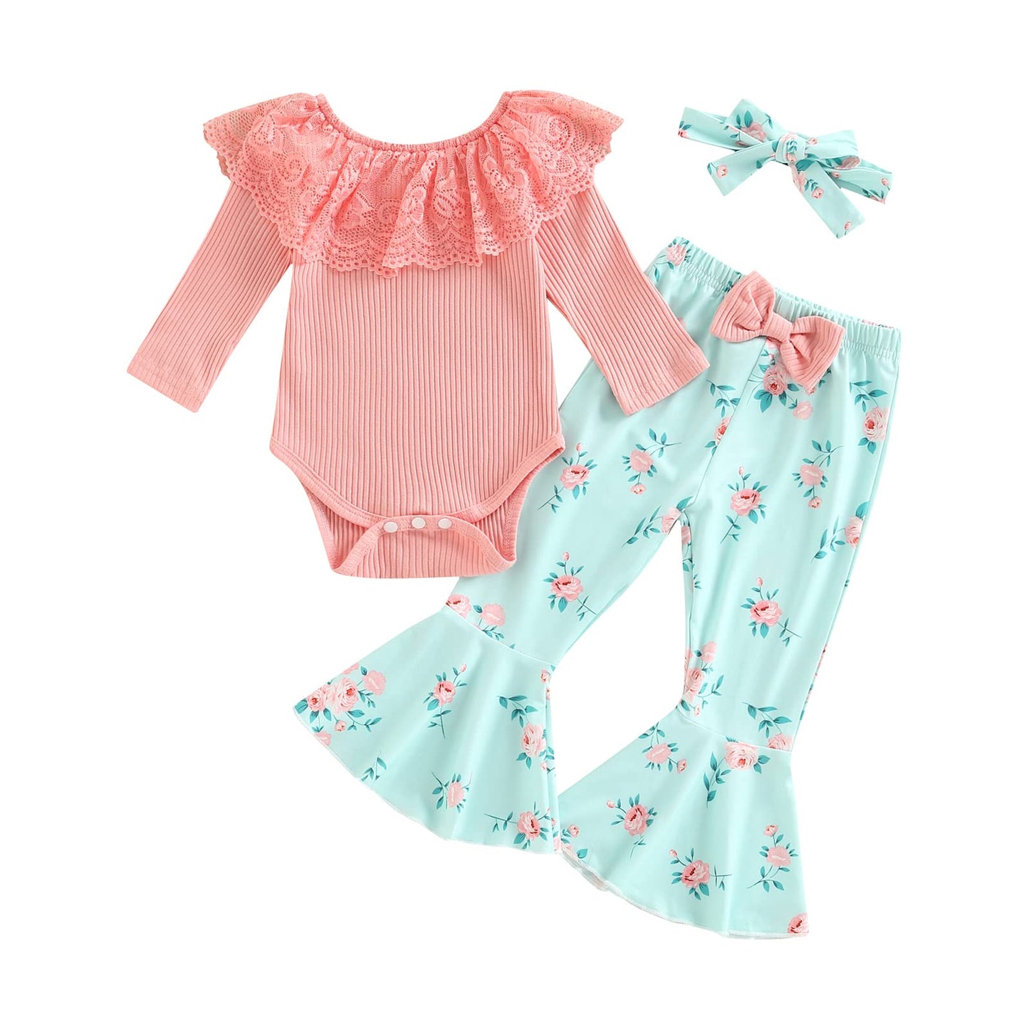 fhutpw Newborn Baby Girl Clothes Infant Rib Frill Long Sleeve Romper Flared Pants Headband Set 3pcs Fall Winter Outfits