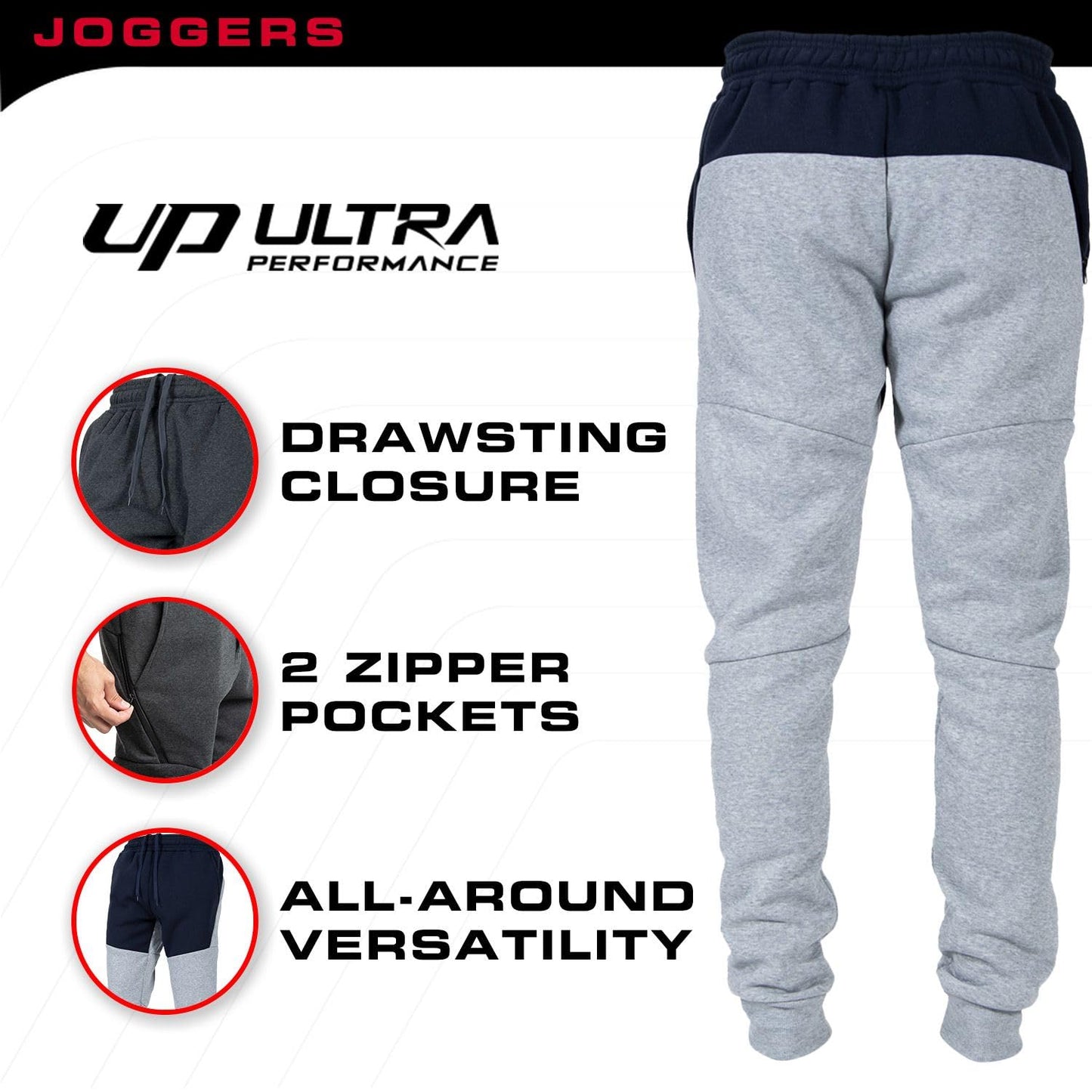 Ultra Performance 3 Pack Fleece Active Tech Joggers for Men, Mens Sweatpants with Zipper Pockets