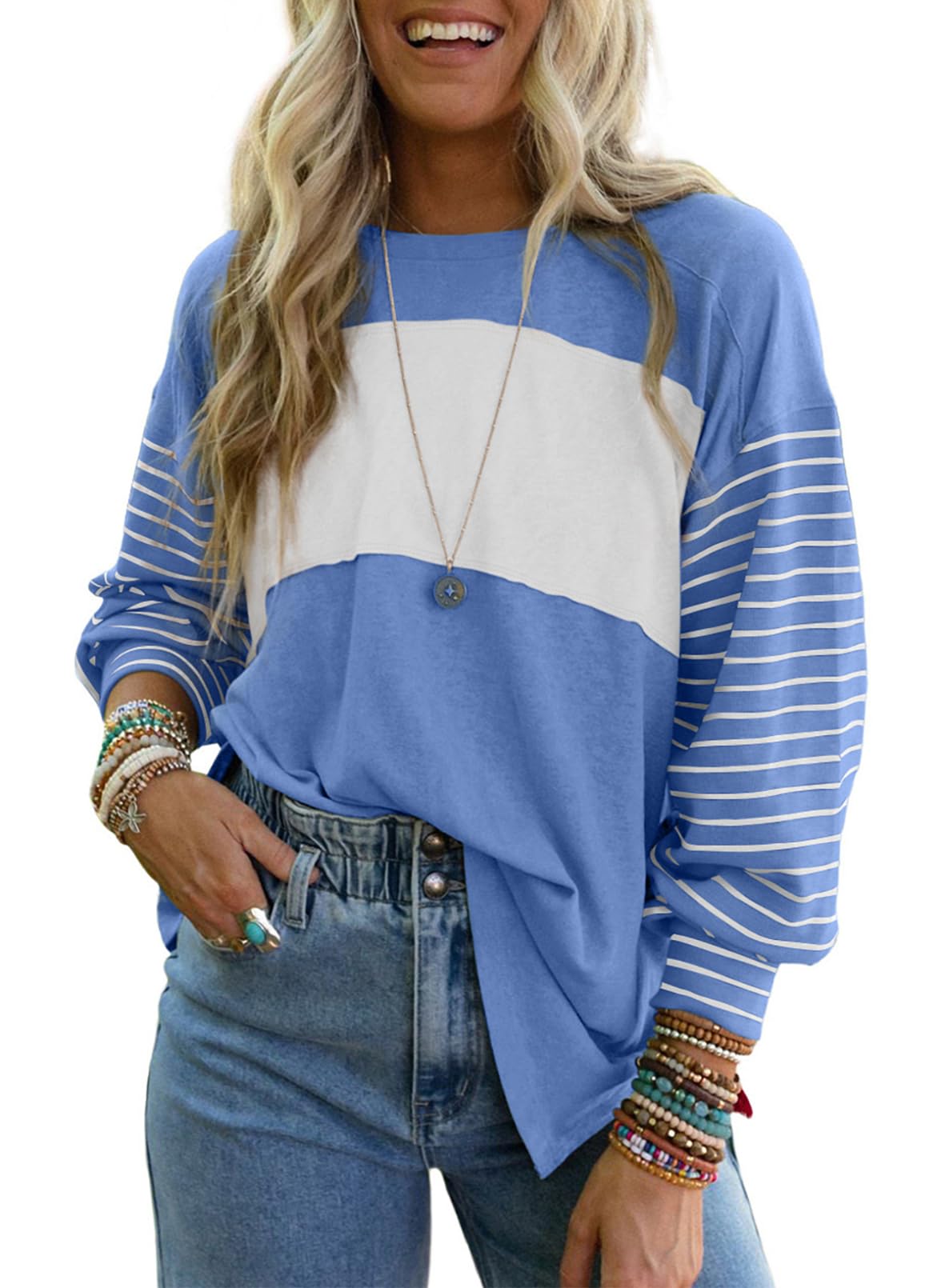 Dokotoo Long Sleeve Spring Tops Oversized 2025 Trendy Round Crew Neck Casual Color Block Womens Shirts Blouses