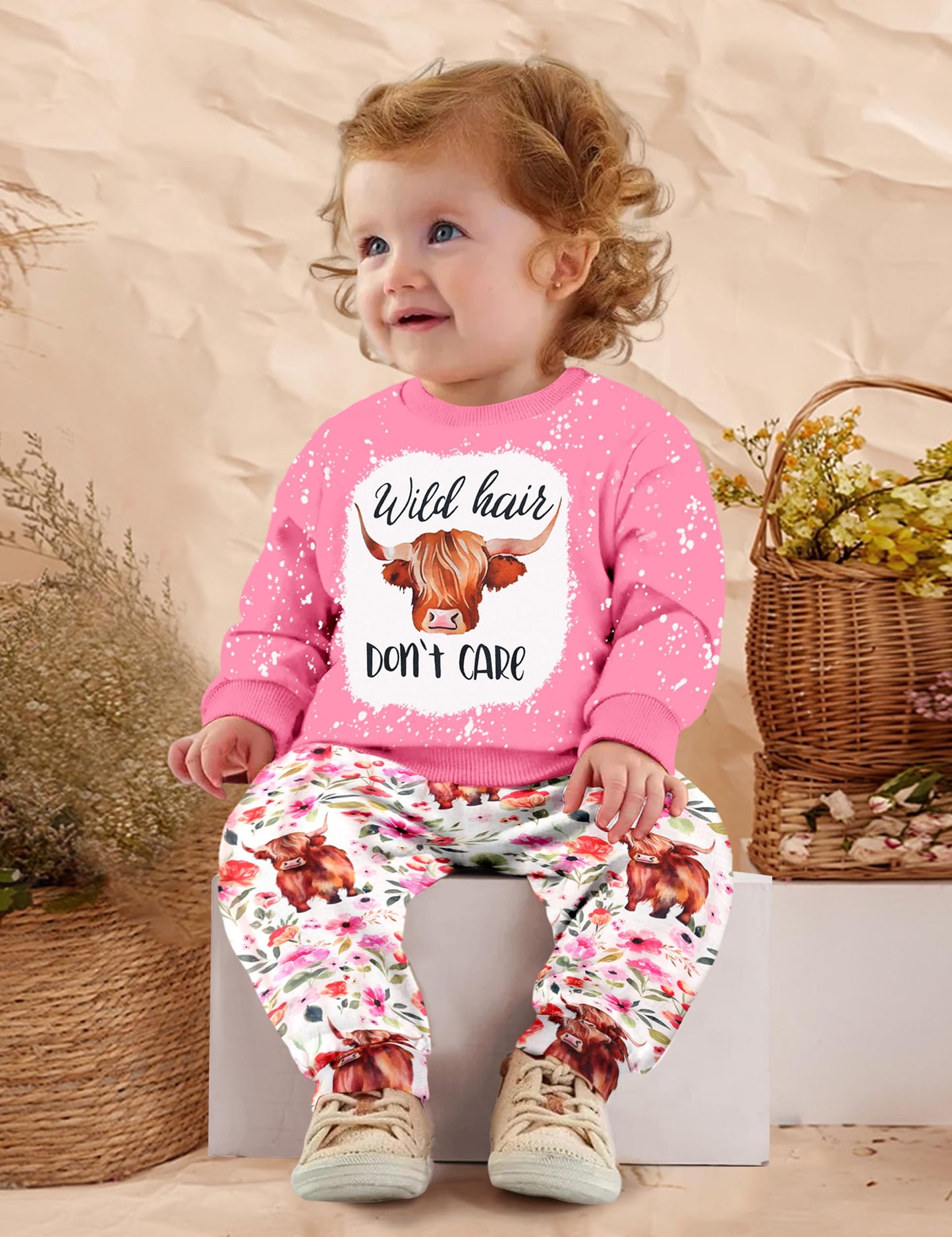 Toddler Girl Clothes Fall Winter Outfits Wild Hair Don't Care Highland Cow Sweatshirt Pants Western Cowgirl Outfit