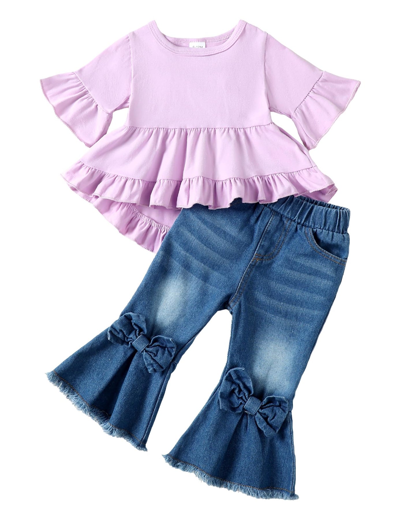 Kucnuzki Toddler Baby Girls Clothes Short Sleeve Shirt Top Flare Denim Jeans 2 Piece Outfits For Girls Cute Clothing Set