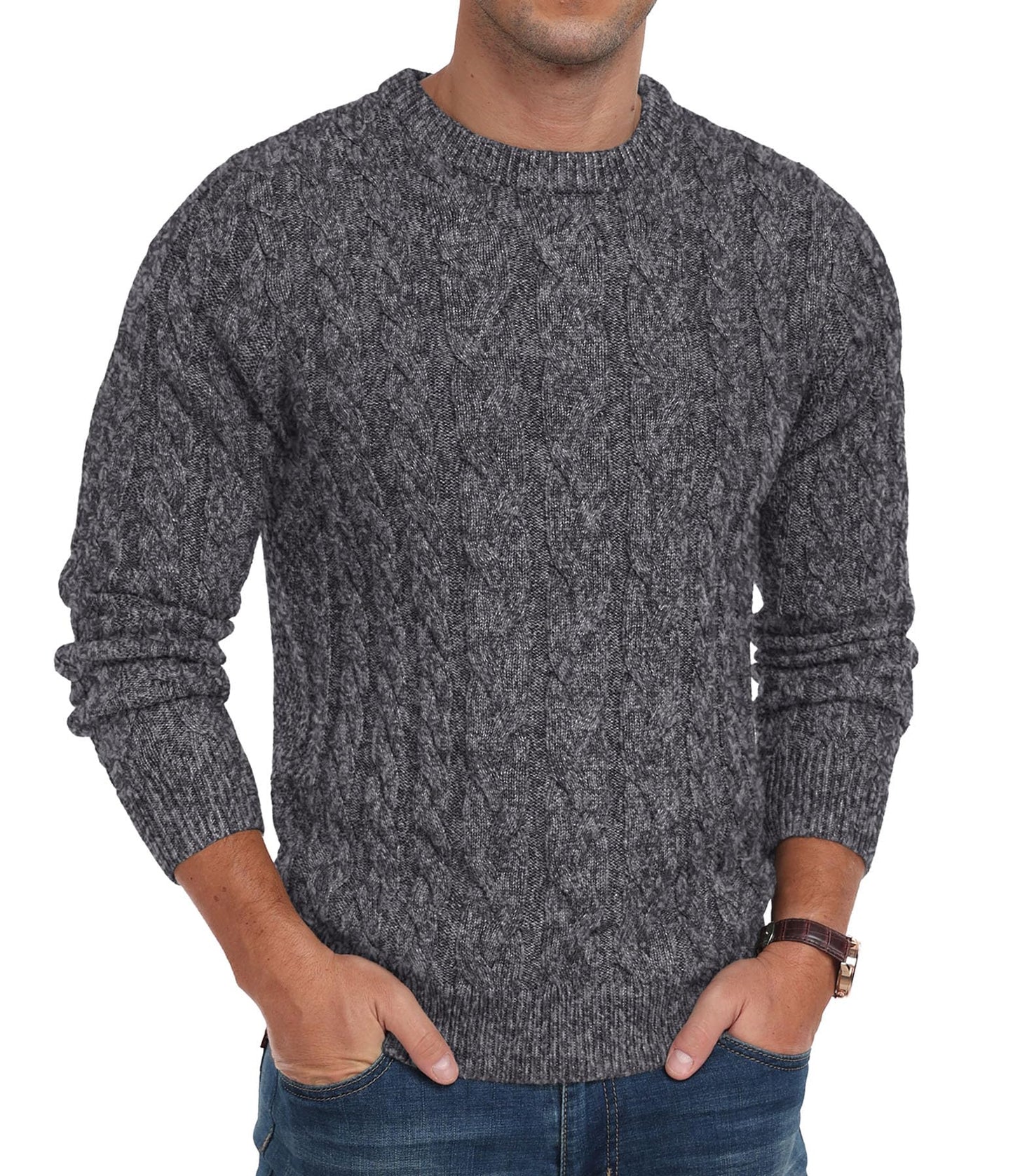 Askdeer Men's Crewneck Pullover Sweater Chunky Cable Knit Sweater Classic Casual Sweaters with Ribbing Edge