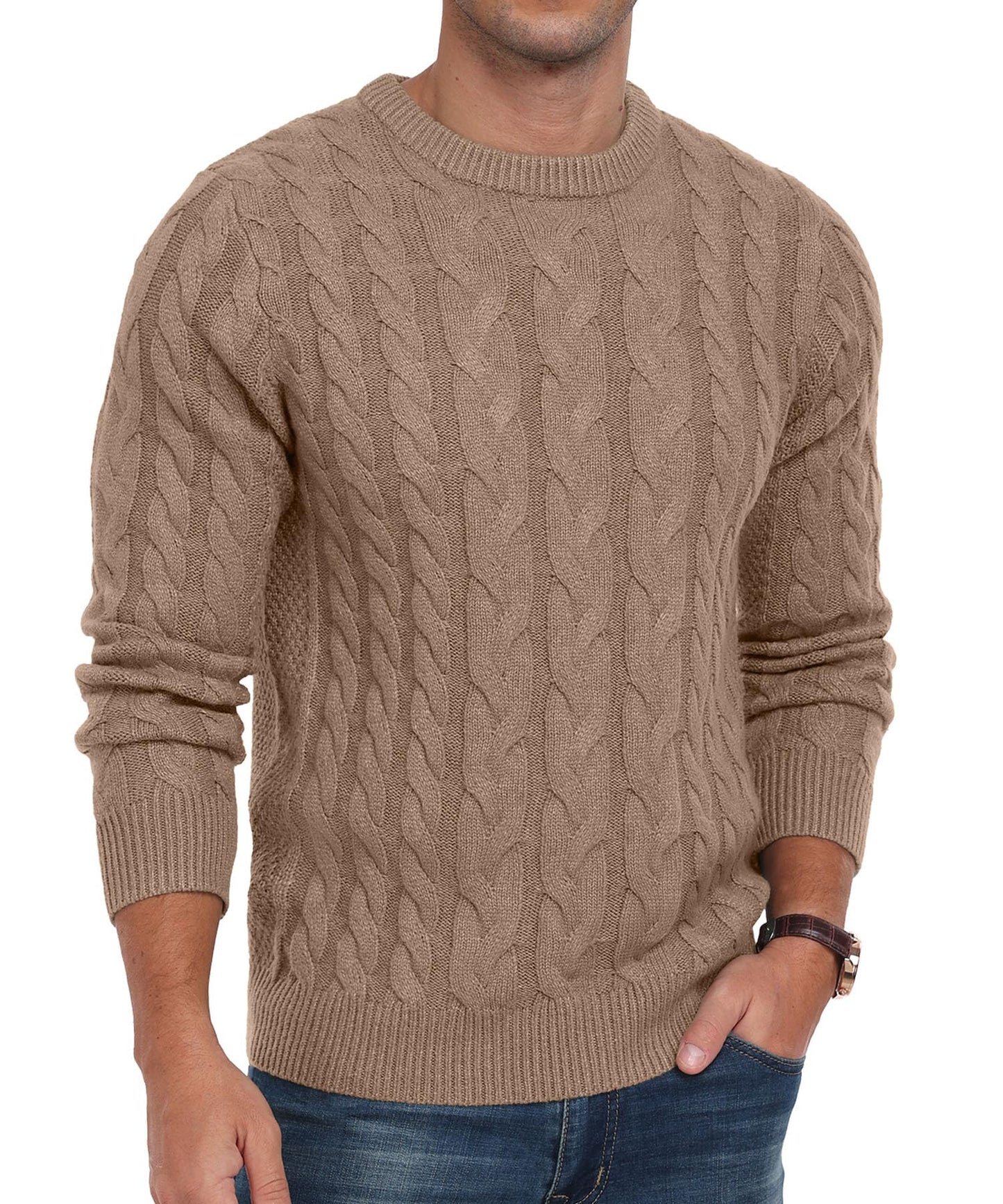 Askdeer Men's Crewneck Pullover Sweater Chunky Cable Knit Sweater Classic Casual Sweaters with Ribbing Edge