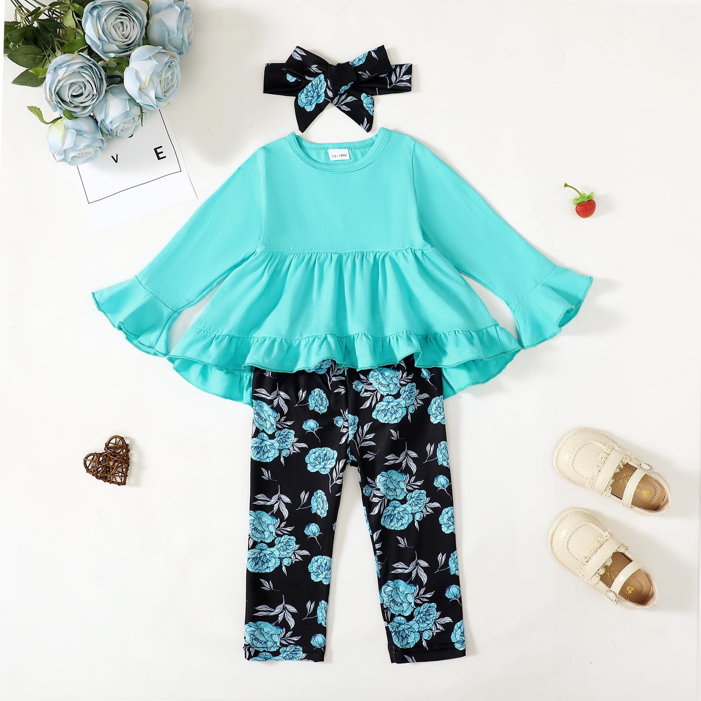 Kucnuzki Baby Girl Clothes Toddler Girl Outfit Ruffle Sleeve Shirt Floral Pant Set Fall Winter Clothing for Girl