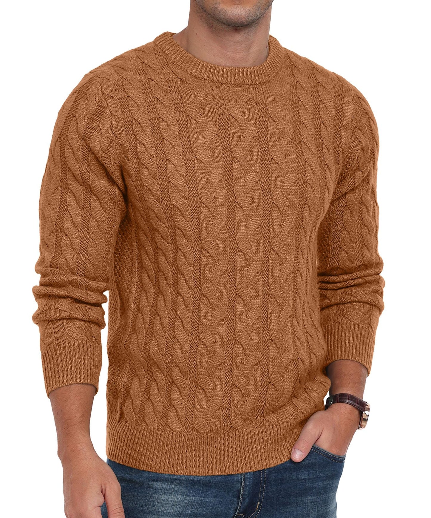 Askdeer Men's Crewneck Pullover Sweater Chunky Cable Knit Sweater Classic Casual Sweaters with Ribbing Edge