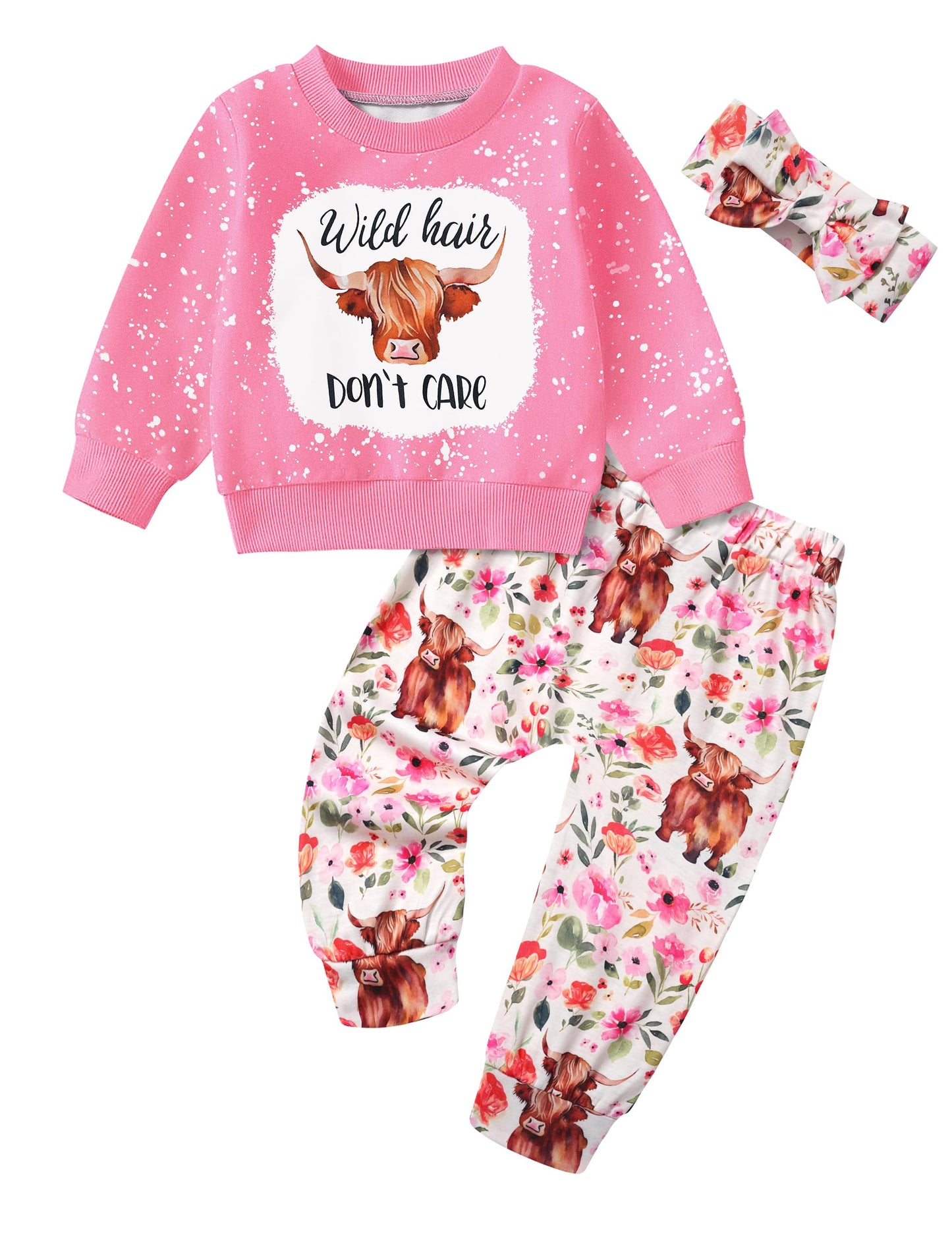 Toddler Girl Clothes Fall Winter Outfits Wild Hair Don't Care Highland Cow Sweatshirt Pants Western Cowgirl Outfit