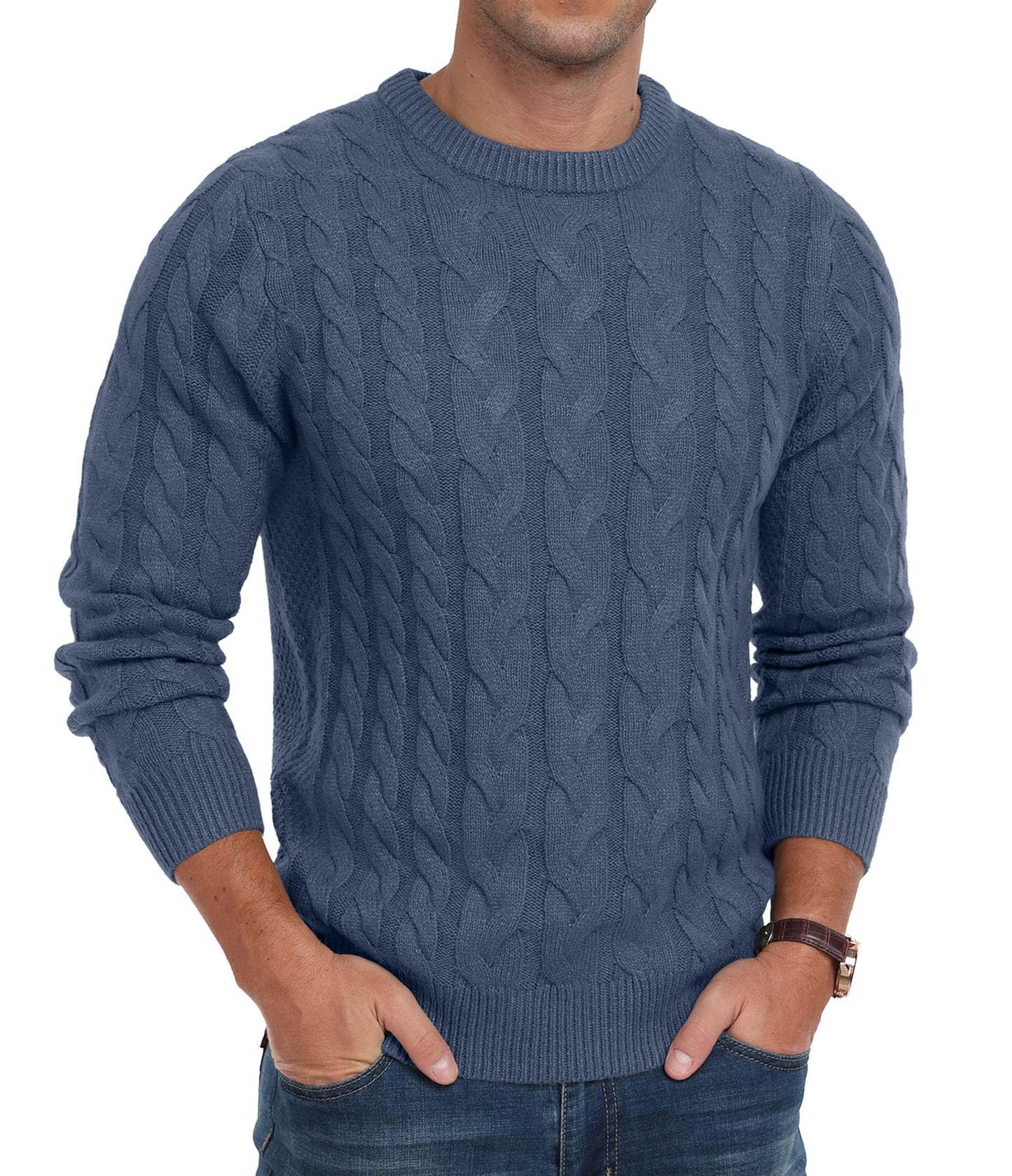 Askdeer Men's Crewneck Pullover Sweater Chunky Cable Knit Sweater Classic Casual Sweaters with Ribbing Edge