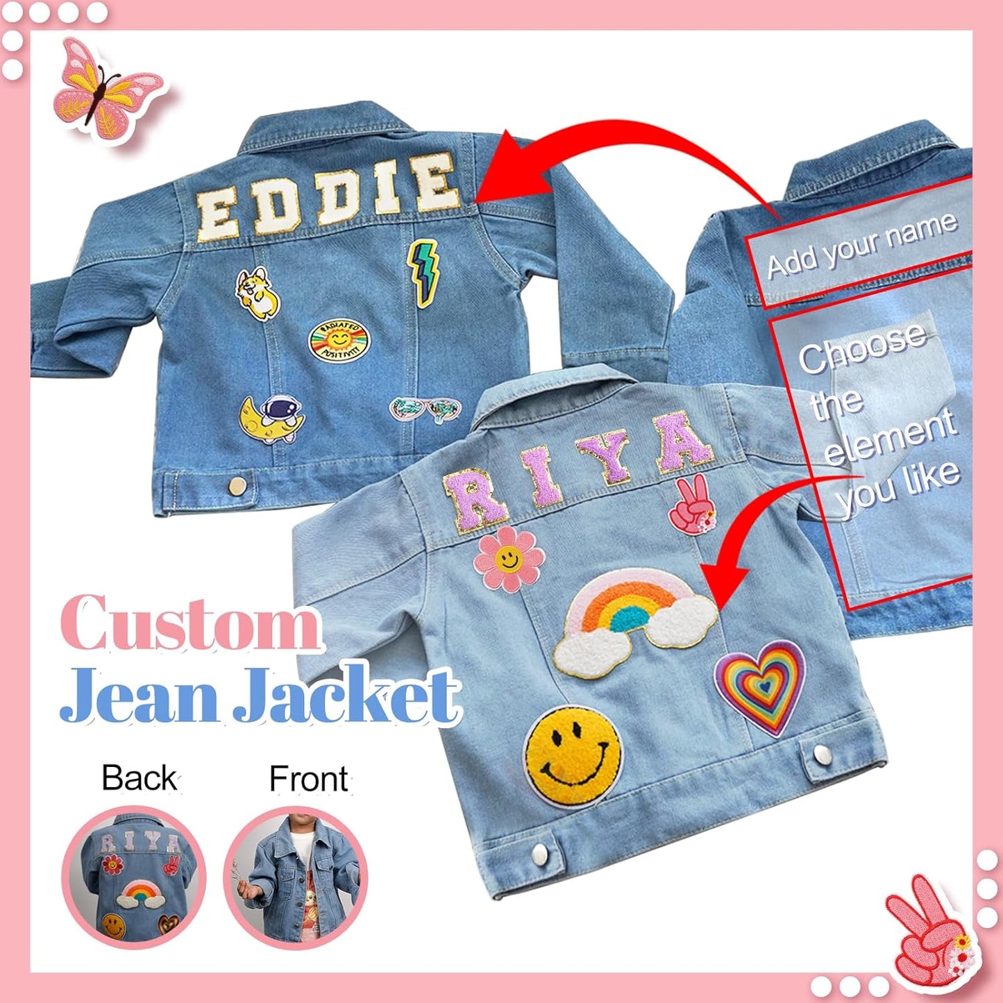 Personalized Kids Denim Jacket with Names, Custom Long Sleeve Denim Jacket for Girls Toddlers, Spring & Fall Jackets, Custom Girls Jean Jackets Clothes, 1-8 Year Old Girl Boy Birthday Easter Gifts