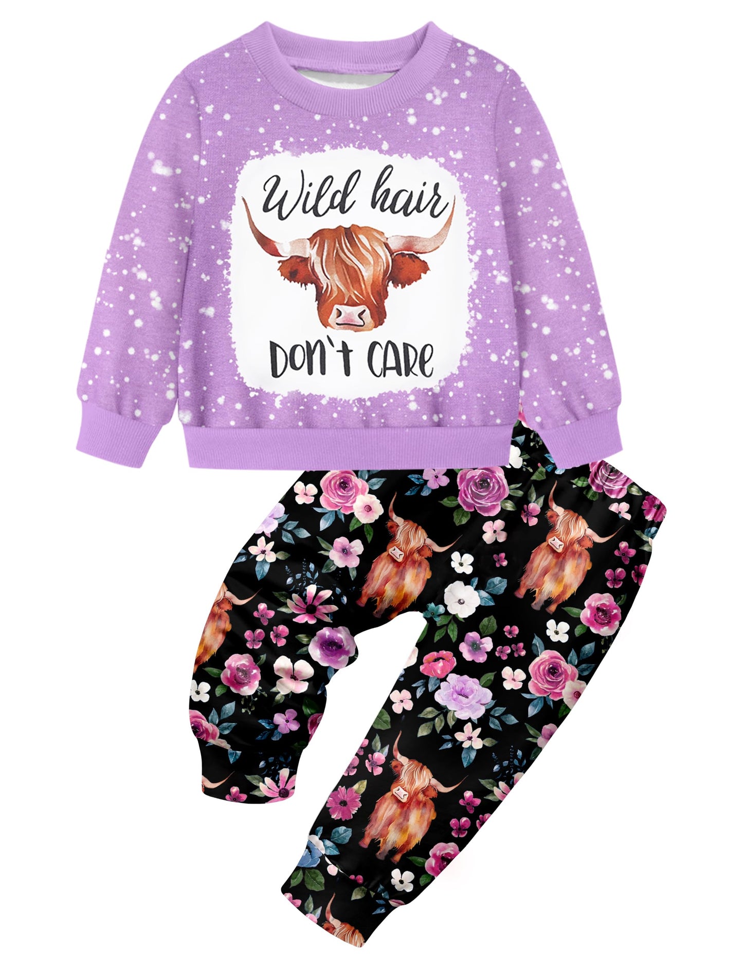 Toddler Girl Clothes Fall Winter Outfits Wild Hair Don't Care Highland Cow Sweatshirt Pants Western Cowgirl Outfit