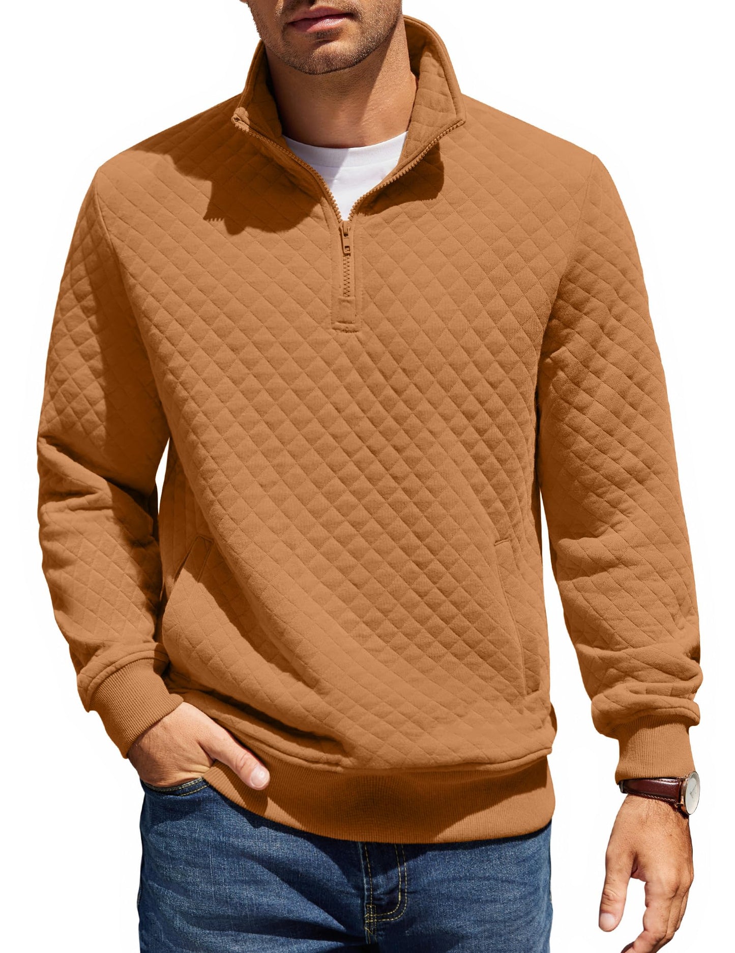 COOFANDY Mens Quarter Zip Pullover Quilted Sweatshirt Knit Long Sleeve Mock Neck Sweater Polo with Pocket