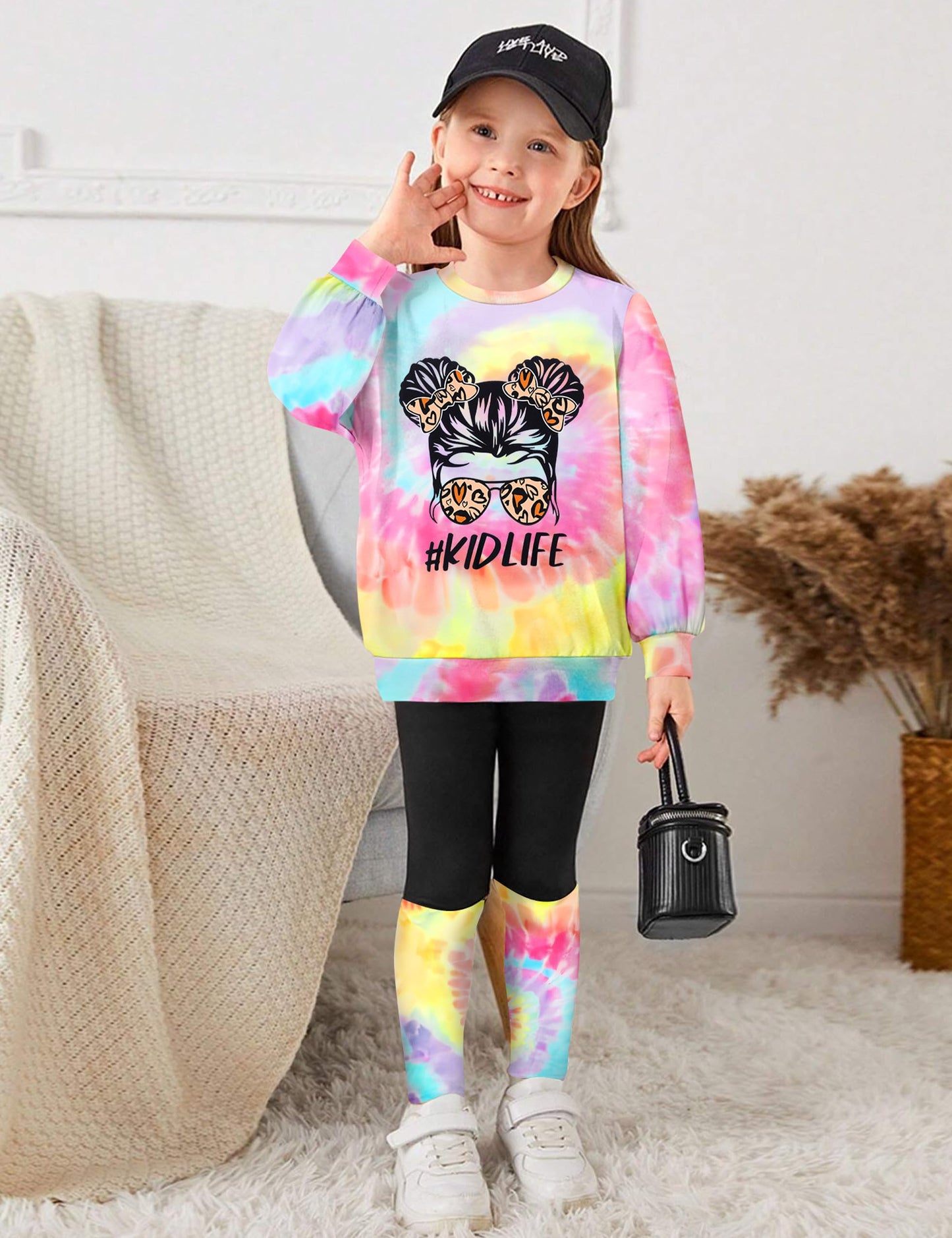 DONWEN Toddler Girl Clothes,Tie Dye Sweatsuit 2 Piece Girls Outfits Graphic Pullover Top Pants Girls Fall Winter Outfit